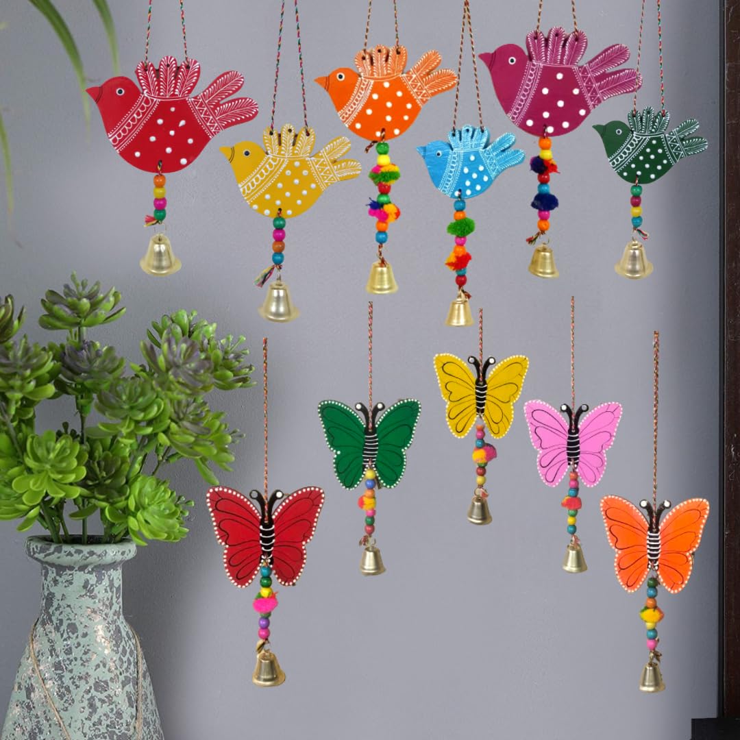 RRJAIPUR Wood Birds with Butterfly Hangings Handmade hand-Painted Decoration Item for Home & Wall Decor(Pack of 11), Multicolour