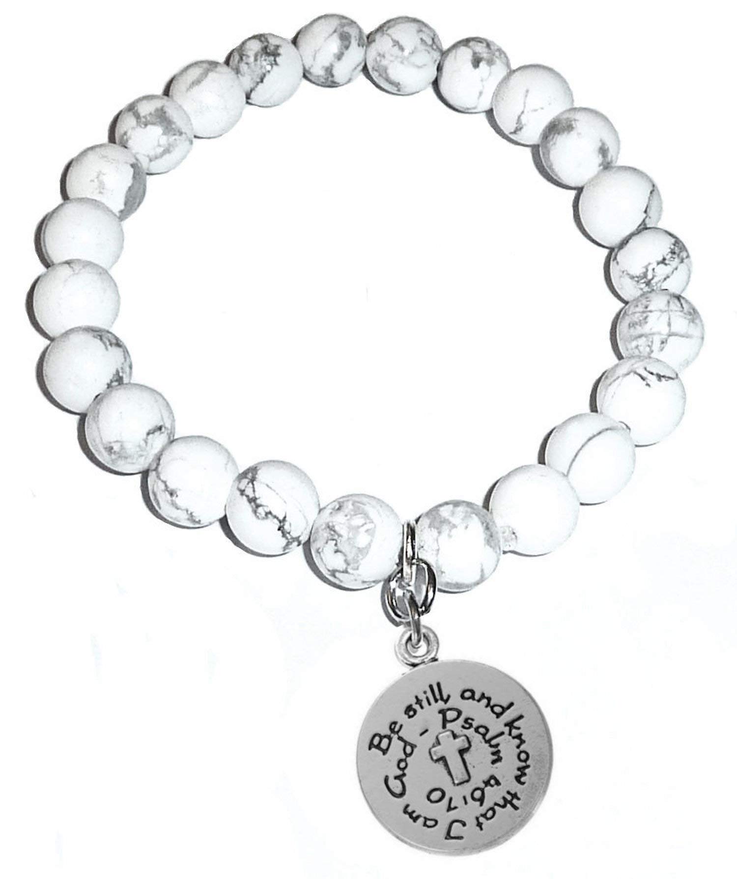 Hidden Hollow Beads Howlite Natural White Stone Women's Stretch Beaded Bracelet, Inspirational Message Charm