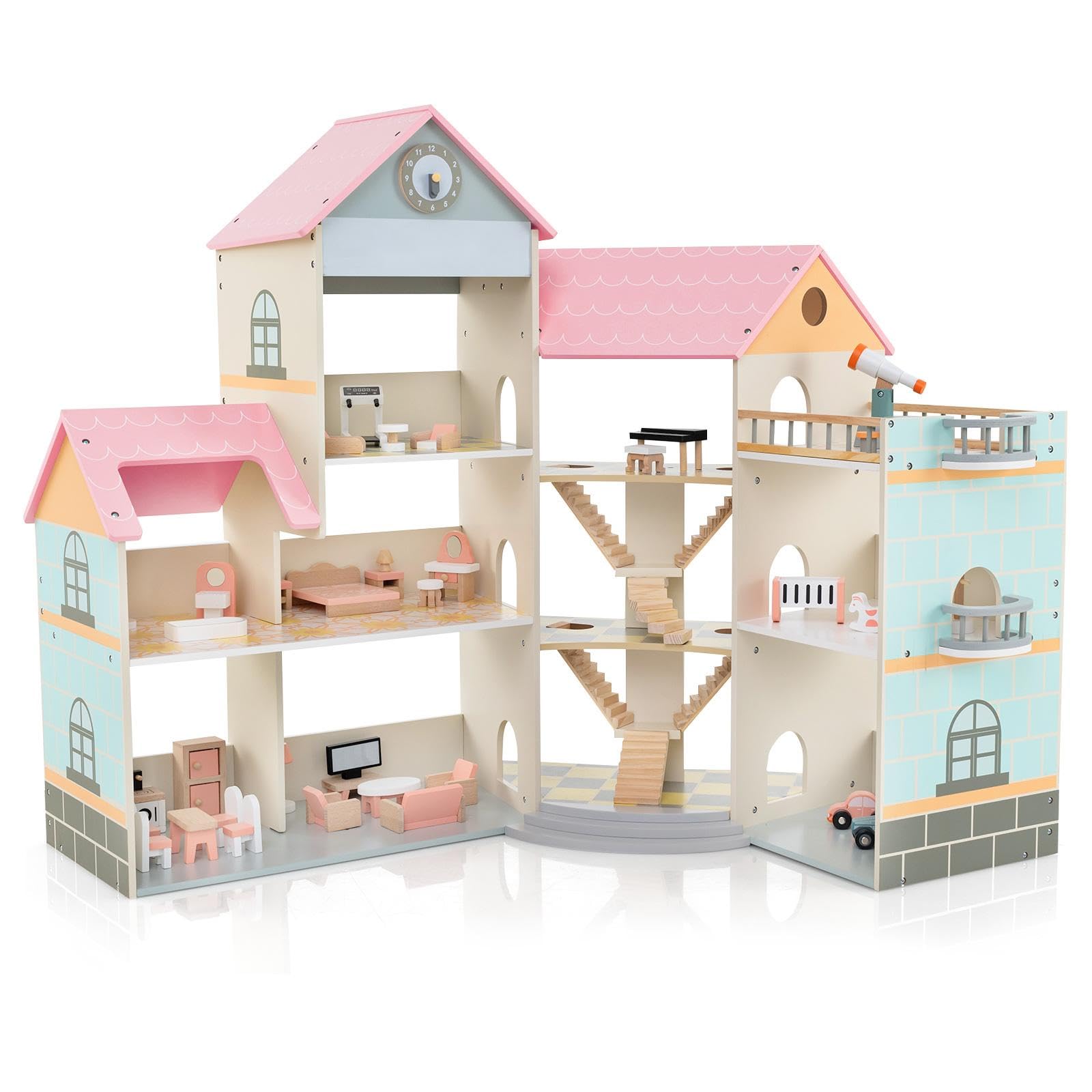 COSTWAY Wooden Dollhouse, 3-Story Luxury Doll House with 42 Pieces Furniture Accessories, 8 Rooms, Stairs & Balcony, DIY Pretend Dollhouse Playset for Kids Ages 3+