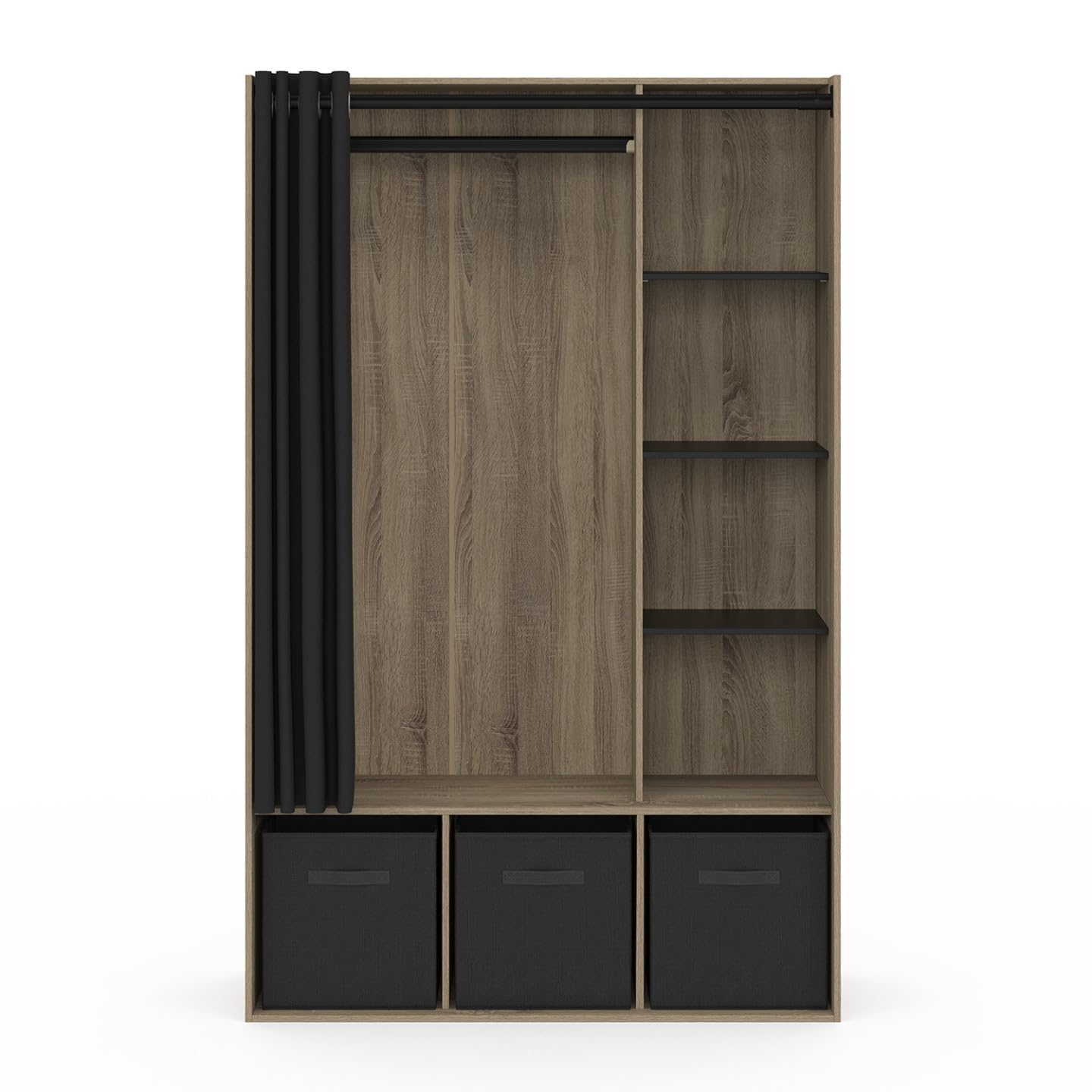 IDMarket - Dressing penderie Diane 105 x 50 x 172 cm hêtre avec étagères + boites de Rangement + Rideau Noir