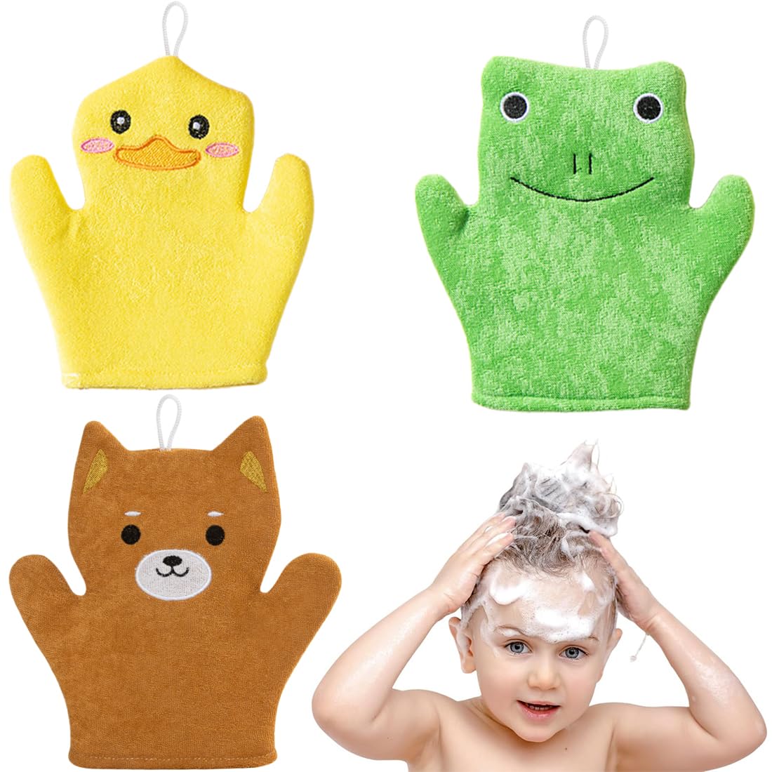 Guantes de microfibra de 3 piezas, toallitas para bebés, súper absorbentes y suaves para niños Toallitas, guantes bonitos con diseño de animales, exfoliación suave para bebés, niños pequeños y niños