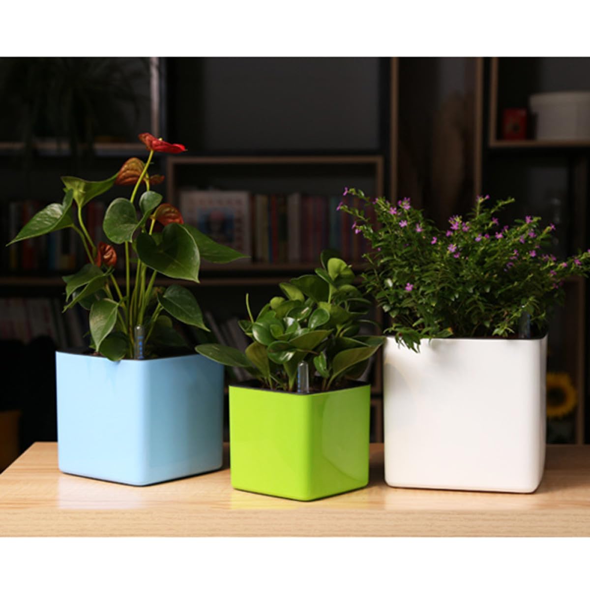 Housoutil Vaso da Fiori Autoirrigante Quadrato in Plastica Bianco 12 CM Set 4 Pezzi con Doppio Contenitore Staccabile Nilometro Galleggiante e Corda di Cotone per Riserva D’Acqua Porta