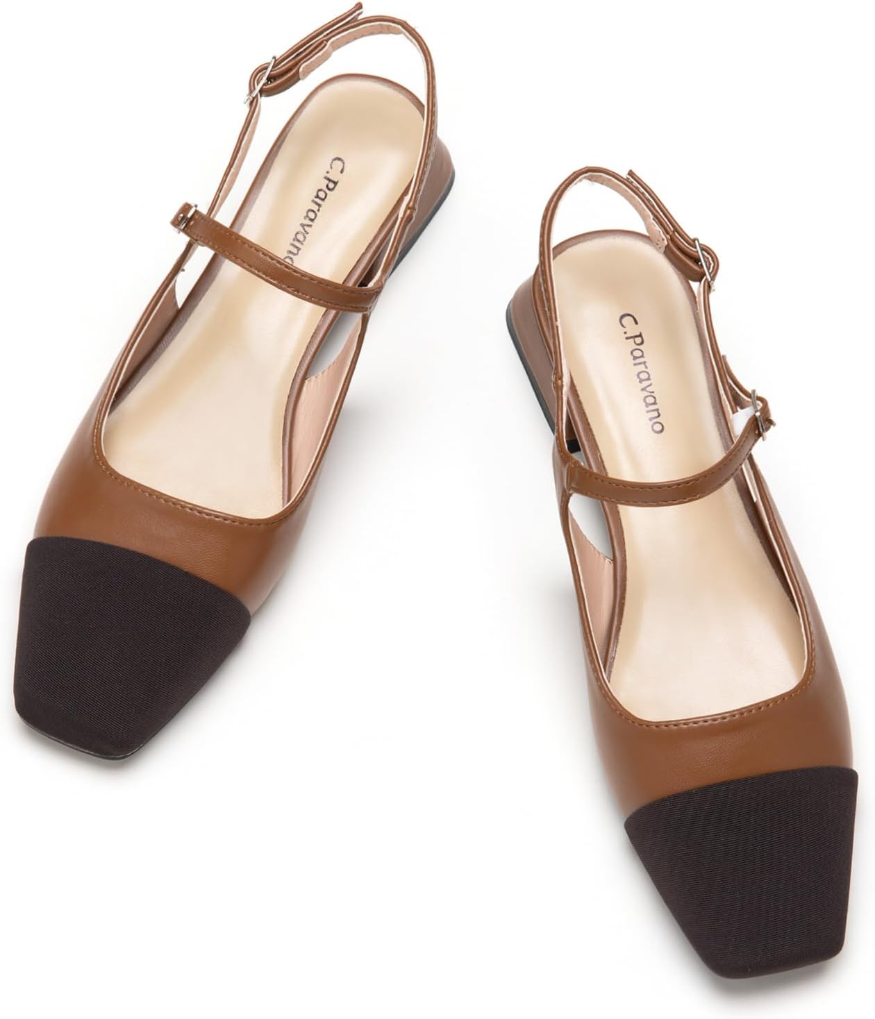 C.Paravano Women's Slingback | Square Toe Slingback Flats | Ankle Strap Flats Sandals | Slip on Casual Flats Shoes | Leather Dress Shoes for Wedding 10 Brown size 40