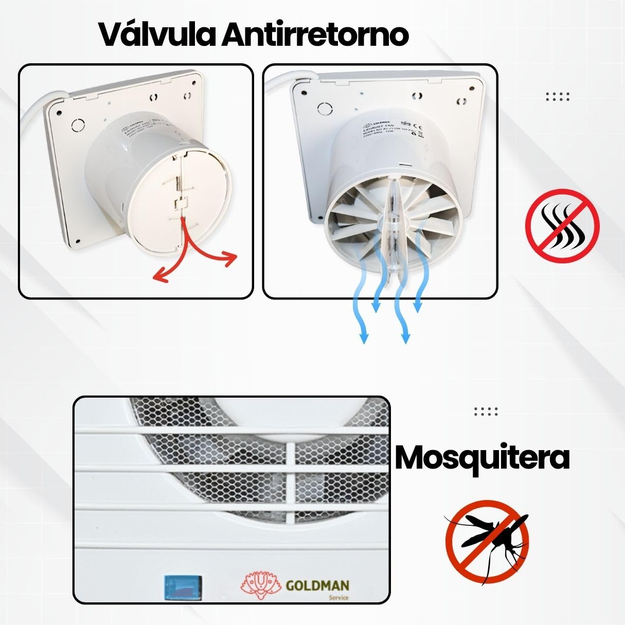 GOLDMAN SERVICE | Extractor de Baño Silencioso con Temporizador Ventilador Extractor de Aire Anti Humedad Olores Válvula Antirretorno y Mosquitera | Diámetro: 100 milímetros 12W