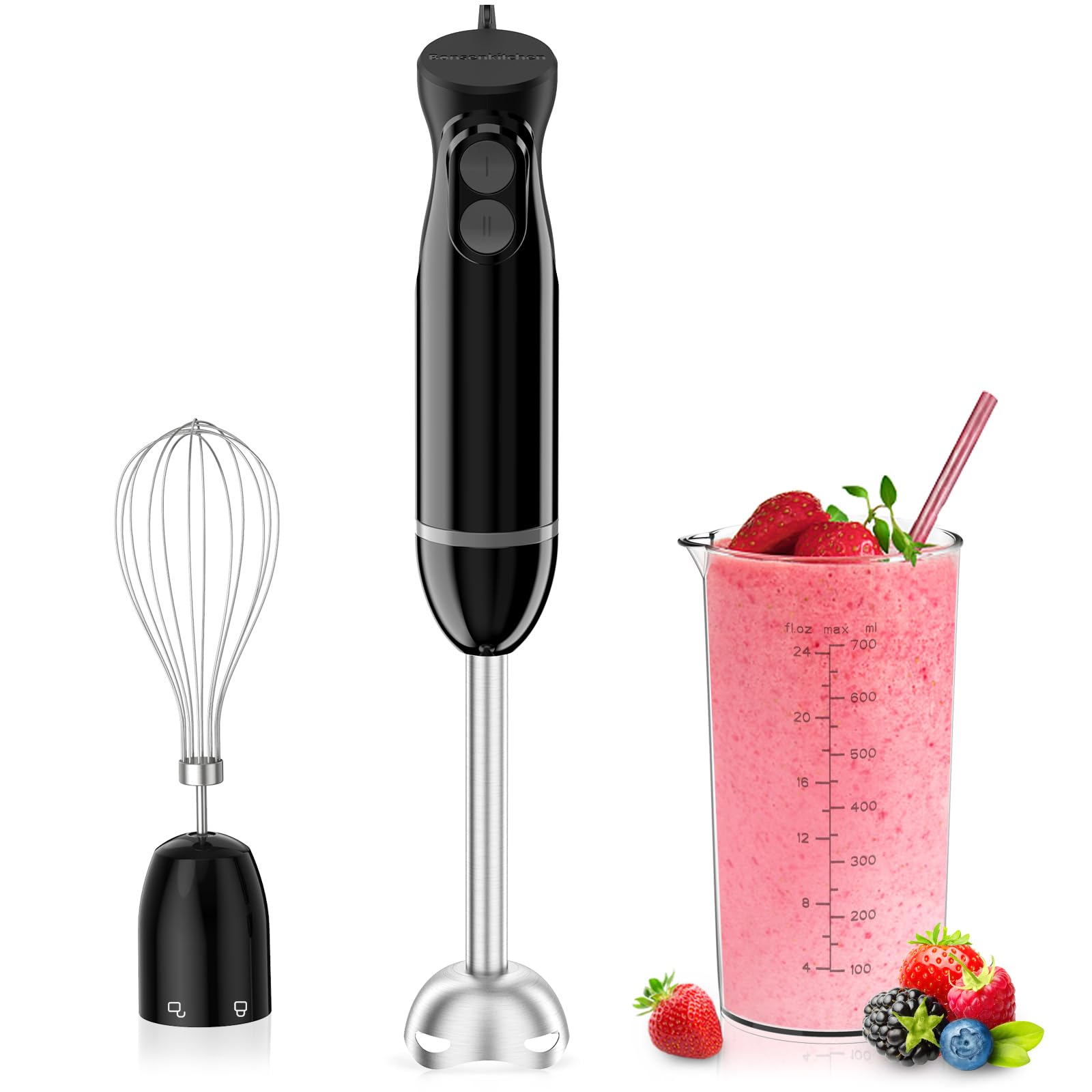 Bonsenkitchen Frullatore ad Immersione 3 in 1 Portatile, Frullatore Elettrico a Immersione da 1000 W, Frusta per Uova, Bicchiere da 700 ml per Preparare Pappe, Salsa, Zuppe, Nero- HB3202