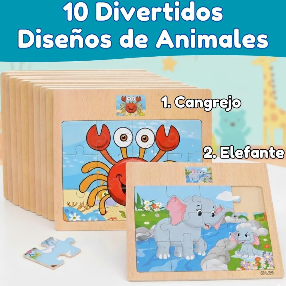 Pack 10 Puzzle Madera, Puzzles Infantiles Niños 3 a 8 Años, Juguetes Educativos, Regalos Cumpleaños Niños, Set de 10 Rompecabezas con Dinvertidos Animales (Pack 10 Puzzles)