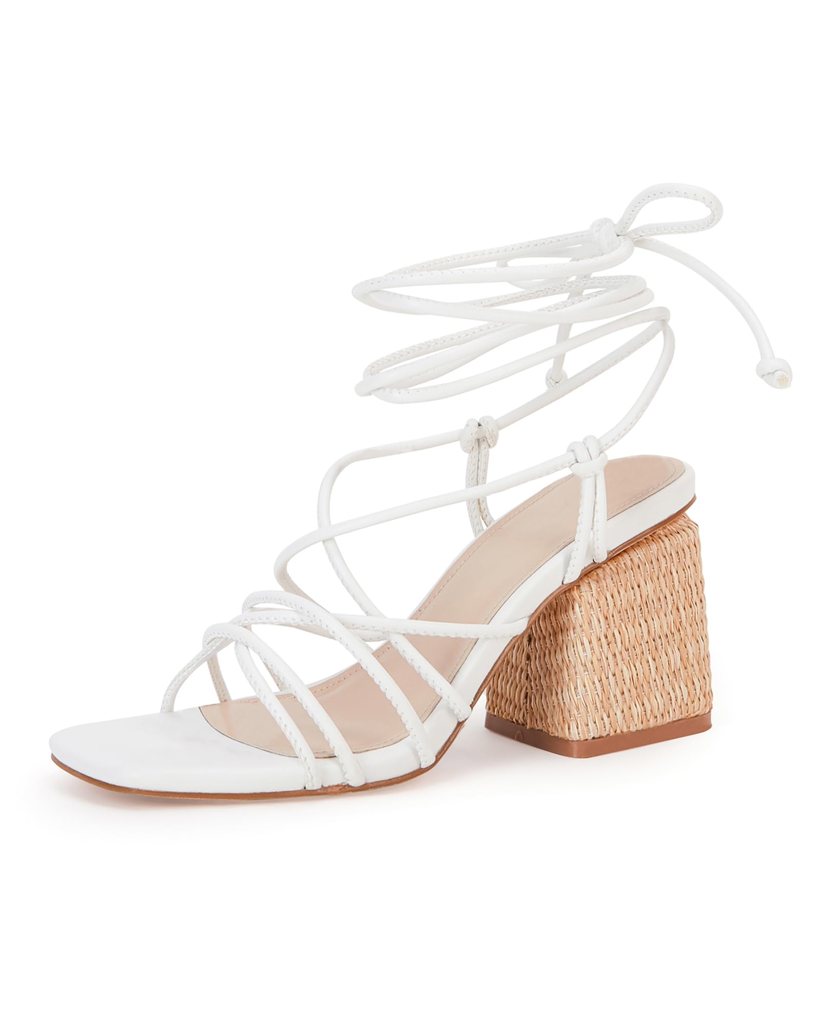 PiePieBuy Women's Lace Up Chunky Braided Heel Sandals Square Toe Strappy Ankle Strap Heels