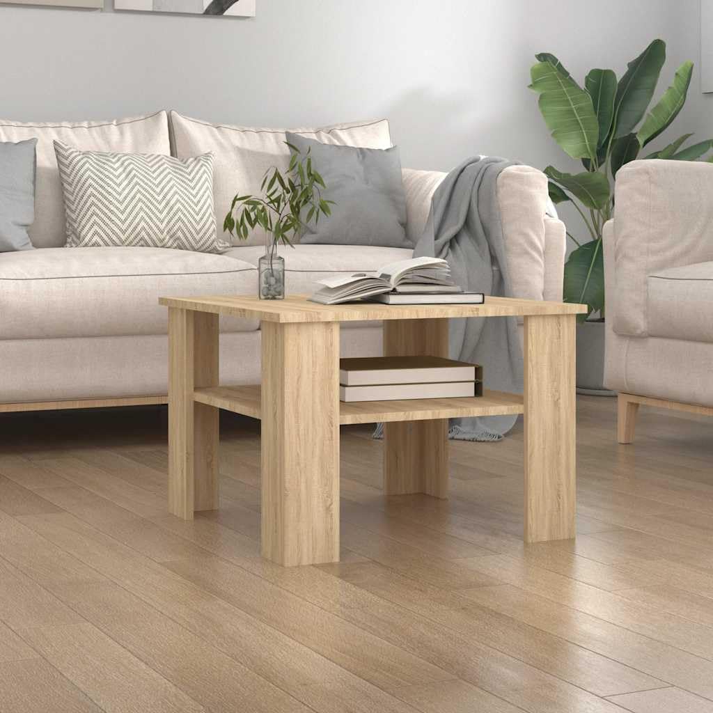 Mesa de centro de 60 x 60 x 42 cm, roble Sonoma, estructura robusta con estante, diseño moderno para salón, dormitorio, oficina