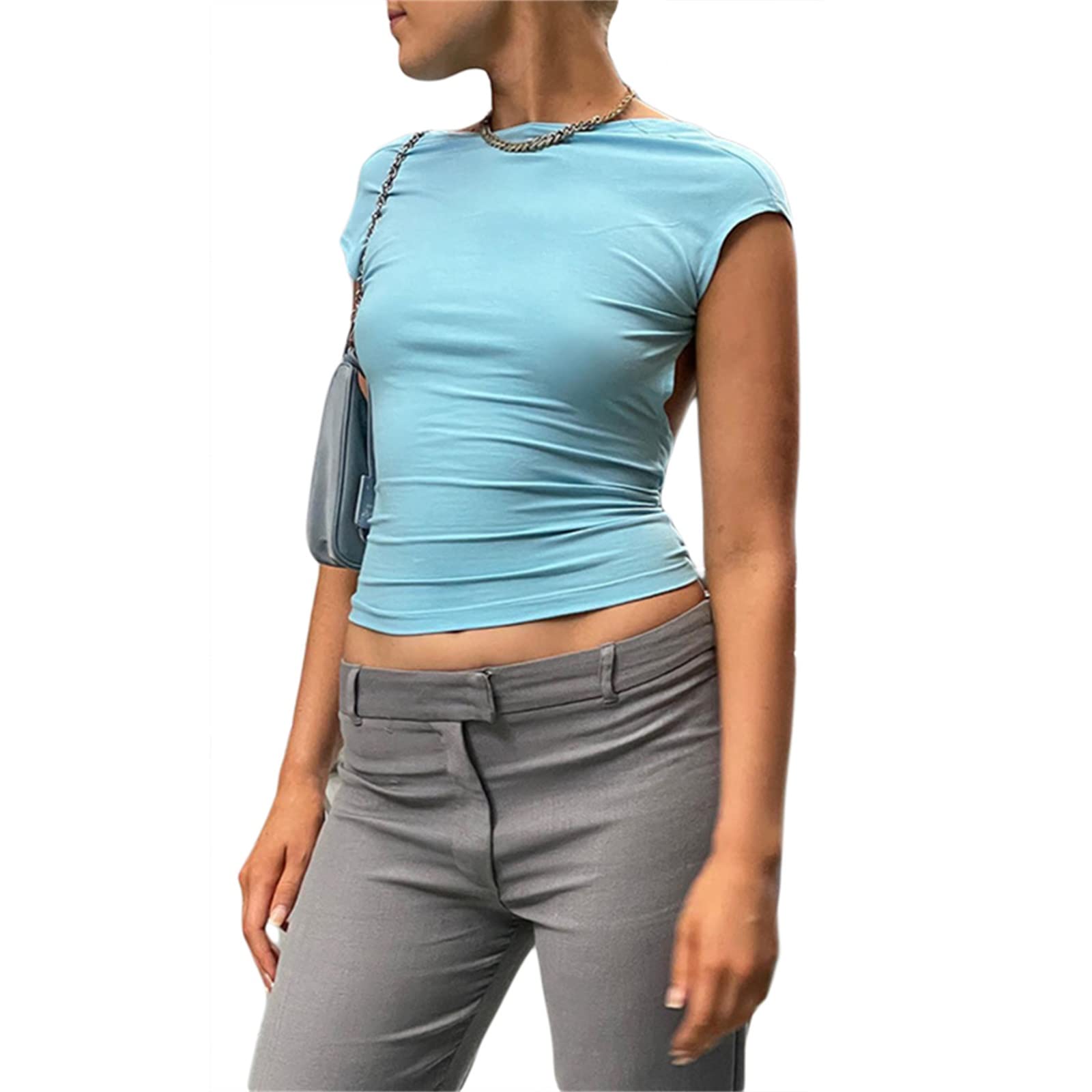 GeagodeliaWomen's Sexy Backless Top Y2K Fashion Crop Top Ladies Cut Out T-Shirt Summer Clothes Outfit Club Party Streetwear Aesthetic