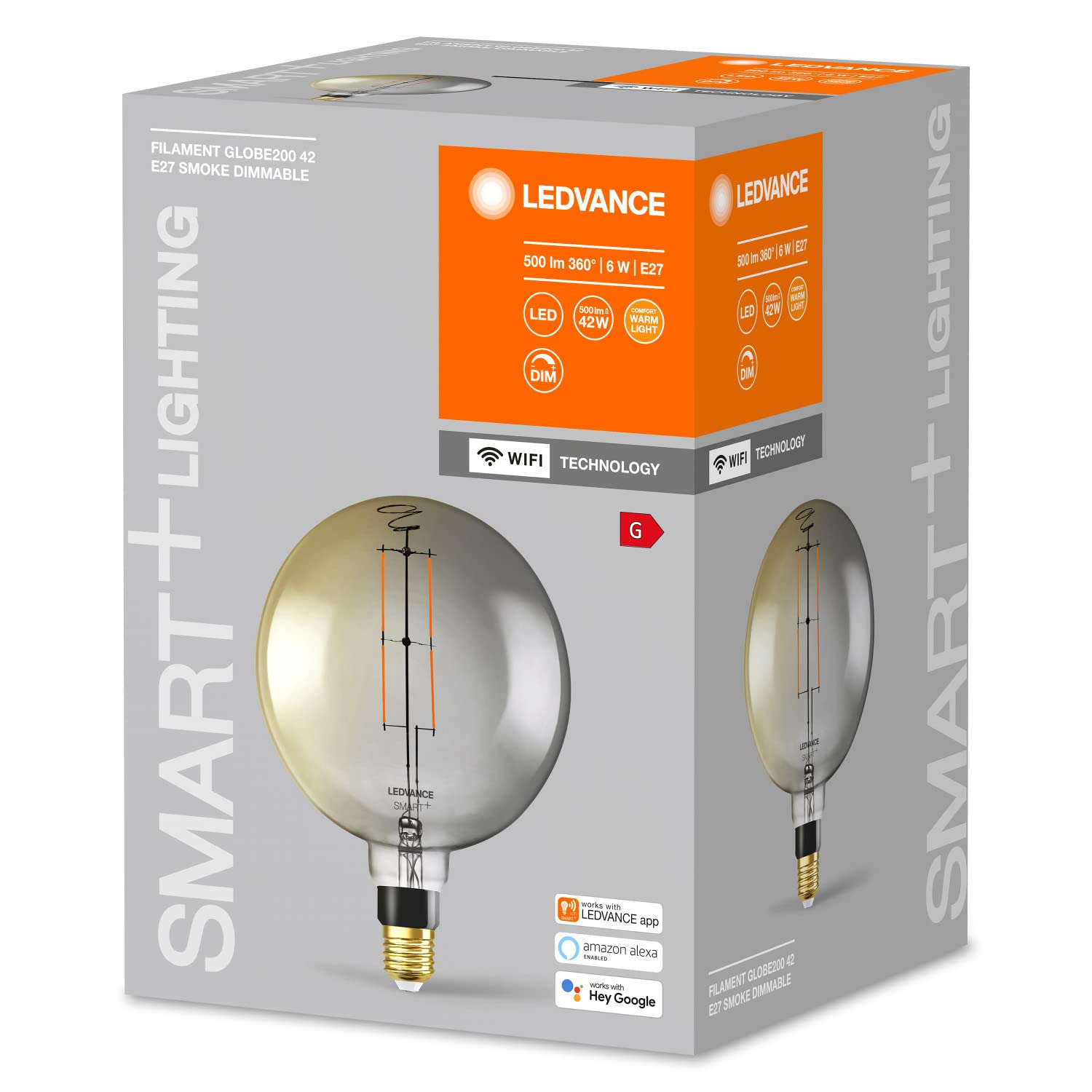 LEDVANCE Bombilla LED inteligente con tecnología Wifi, casquillo E27, regulable, blanco cálido (2500K), forma de globo grande, filamento transparente en cristal ahumado, paquete de 4