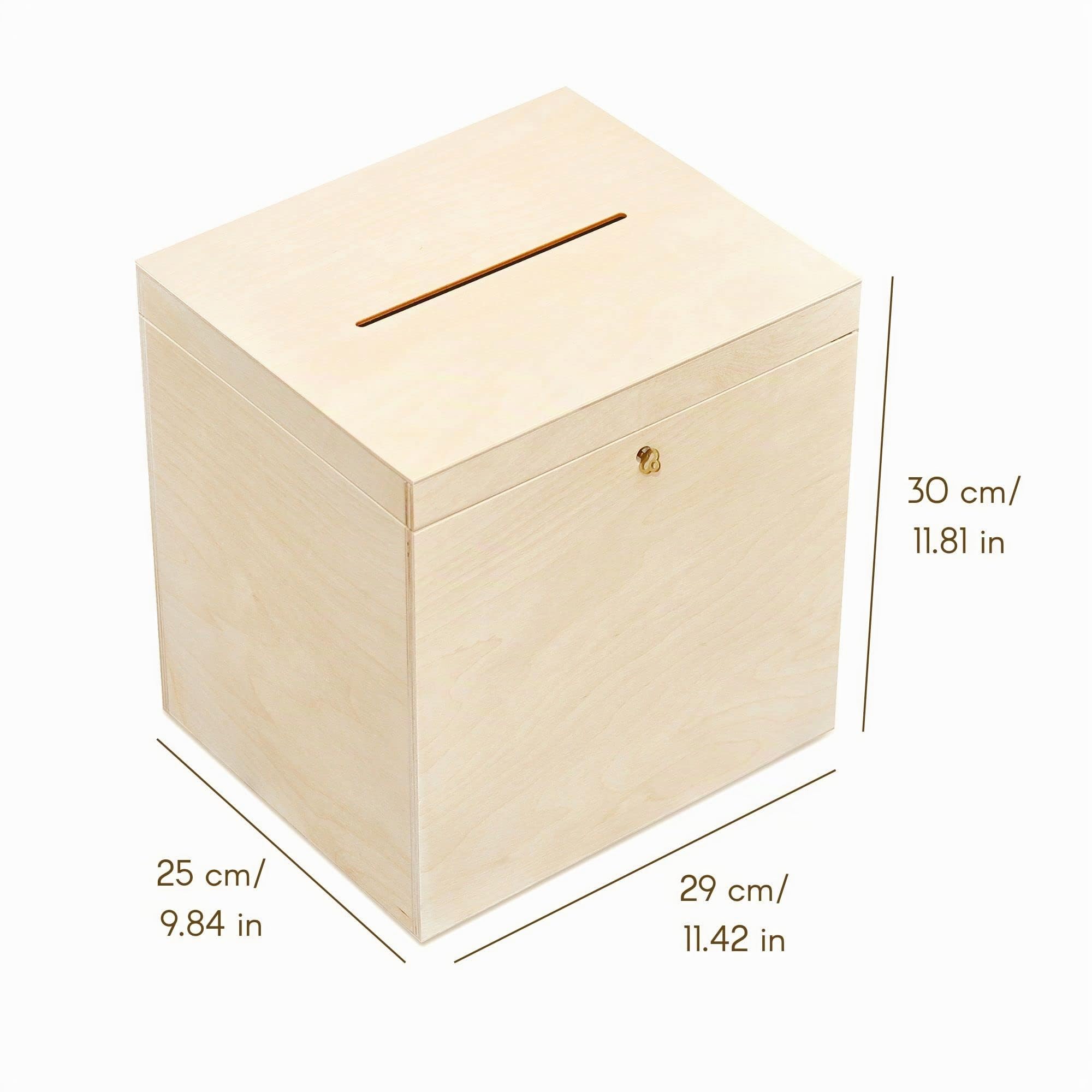 Creative Deco Boite en Bois pour Enveloppes | 29 x 25 x 30 cm | Bois Naturel | avec Couvercle et Clé | Boîte pour Occasions Spéciales | Urne Anniversaire | Mariage | Boite a Souvenirs, Cartes Lettre