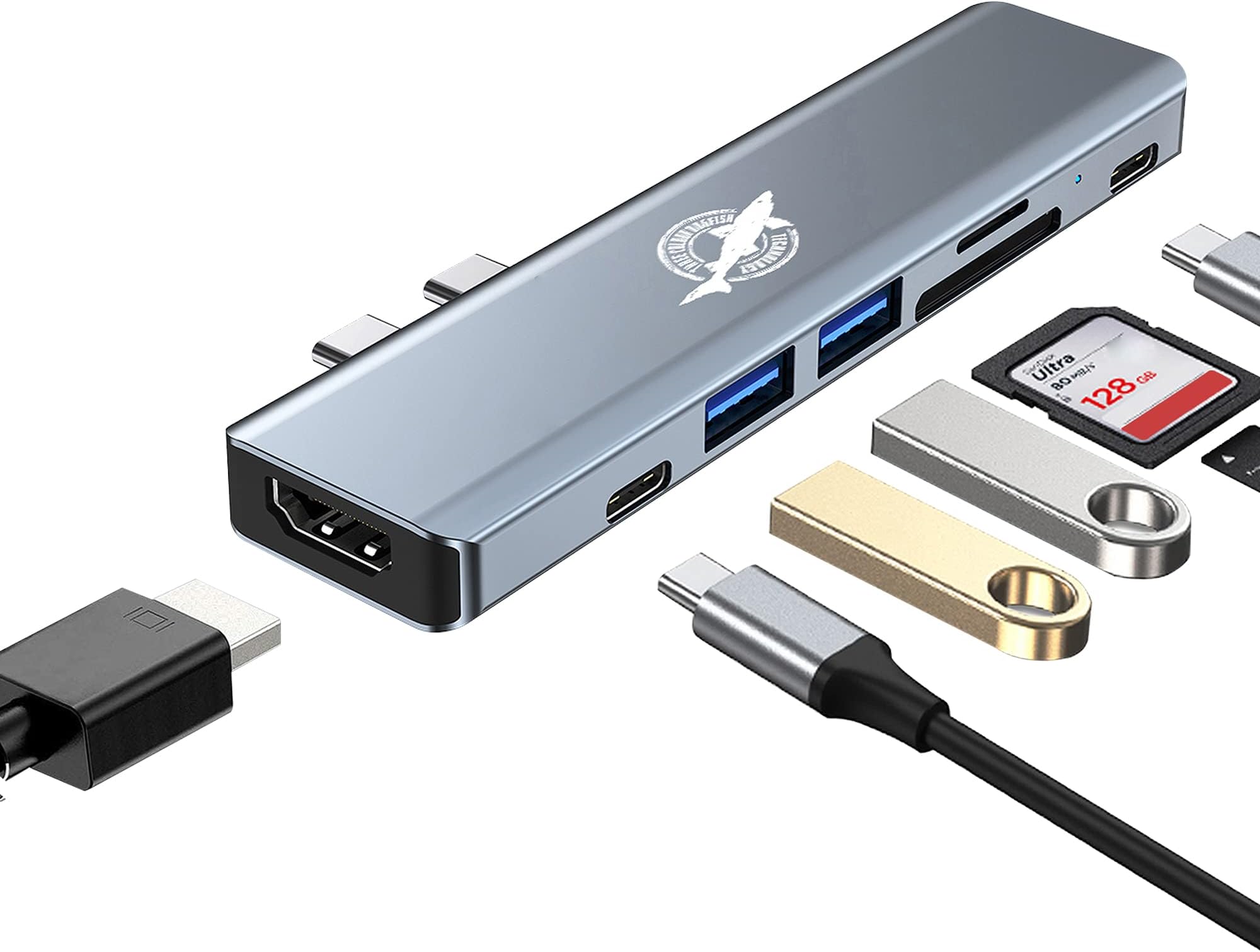 THREE COLOUR DOGFISH 7 in 1 USB C Hub, 4K HDMI, USB 3.0 & 2.0, SD/TF Card Reader, Thunderbolt 3, MacBook Docking Station