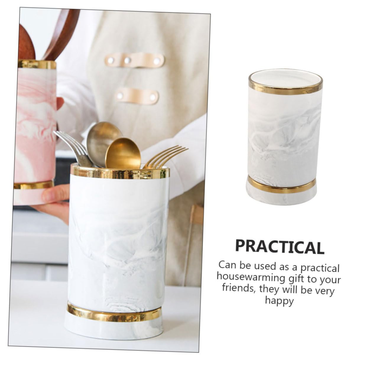 Portautensili da Cucina Porta Bacchette e Posate Moderno in Ceramica Finitura Effetto Marmo Design Decorativo , per Conservare Utensili in Cucina
