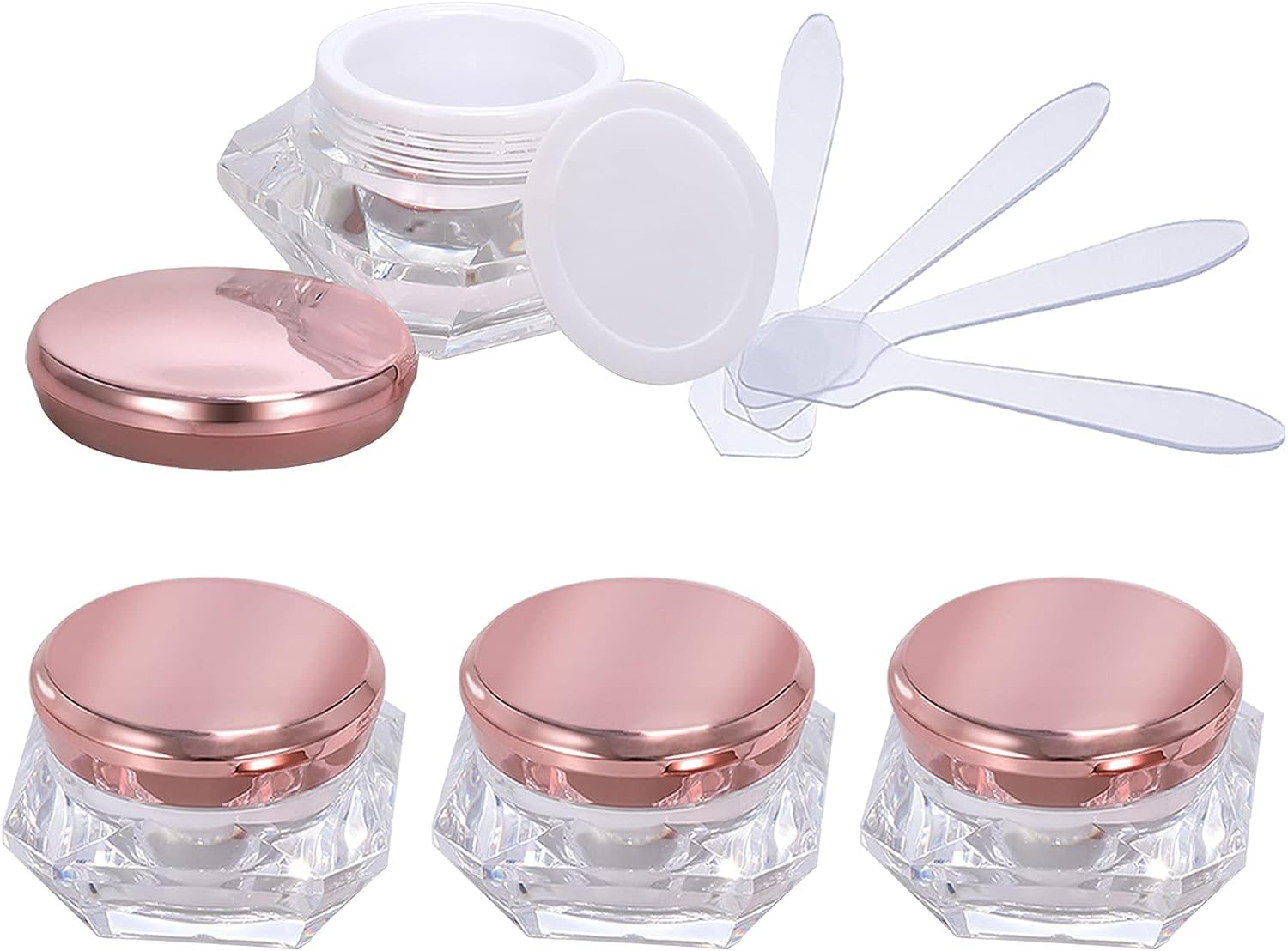 FLYIODFCXV cosmetic jar, Pack of 4, Empty 10 ml Transparent Acrylic Diamond Shape Cosmetic Container with Pink Lids + x Spoon(Pink,5ml)