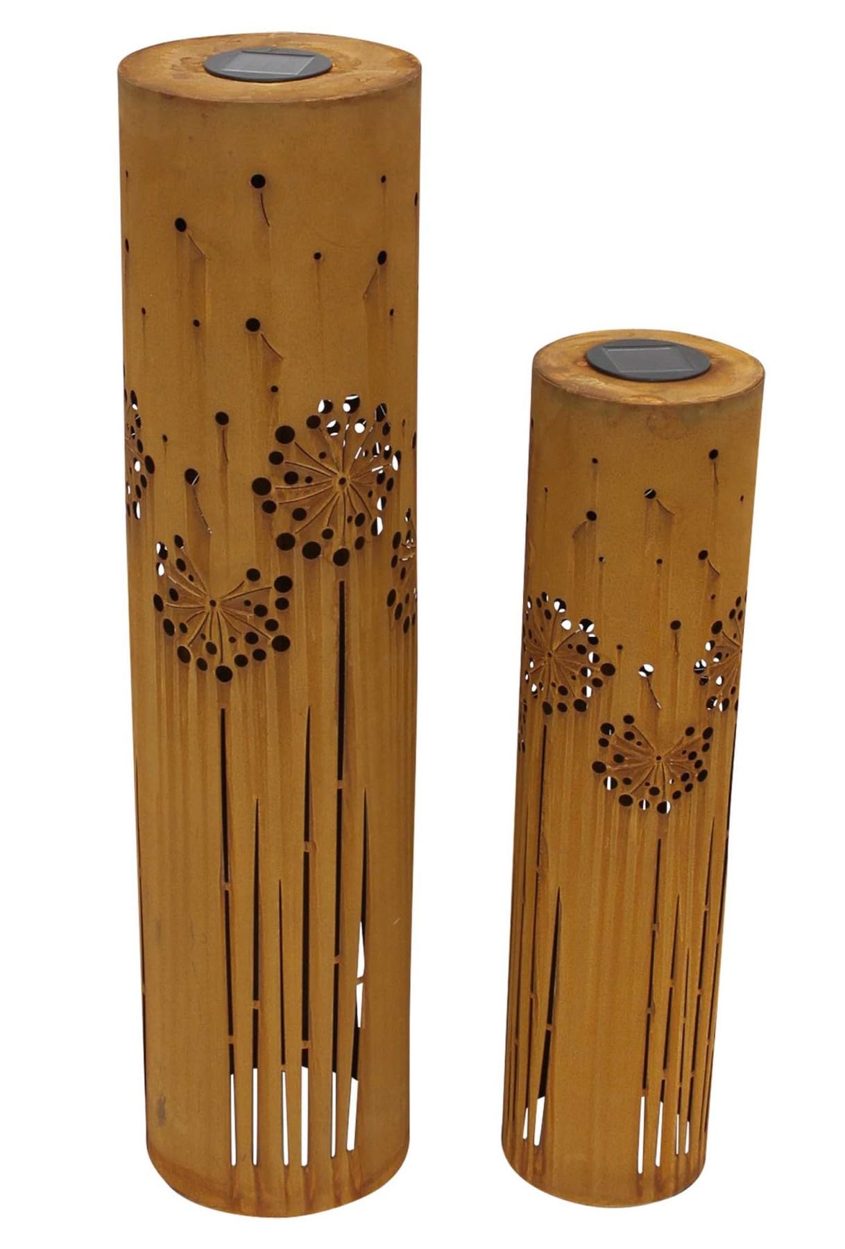 Dekoleidenschaft Lot de 2 colonnes décoratives solaires LED en métal avec rouille véritable - 60 + 80 cm de haut - Colonne de rouille - Décoration de jardin pour l'extérieur - Lampe solaire pour