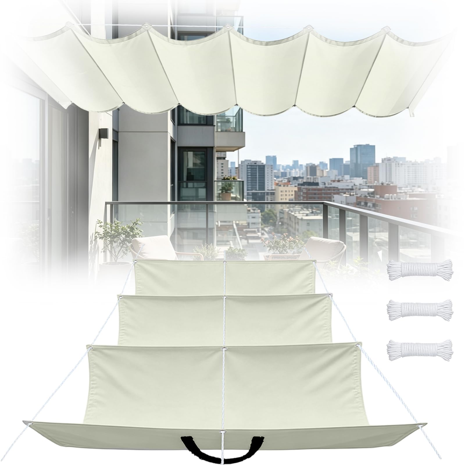 Wellenmarkise 1 x 6 m Wasserdicht, 98% Uv-Schutz, Sonnenschutz, PES Reißfest, Nach Maß, Verstellbar Welle Schattenabdeckung mit Zugseil & Ösen für Garten Terrasse, cremefarben