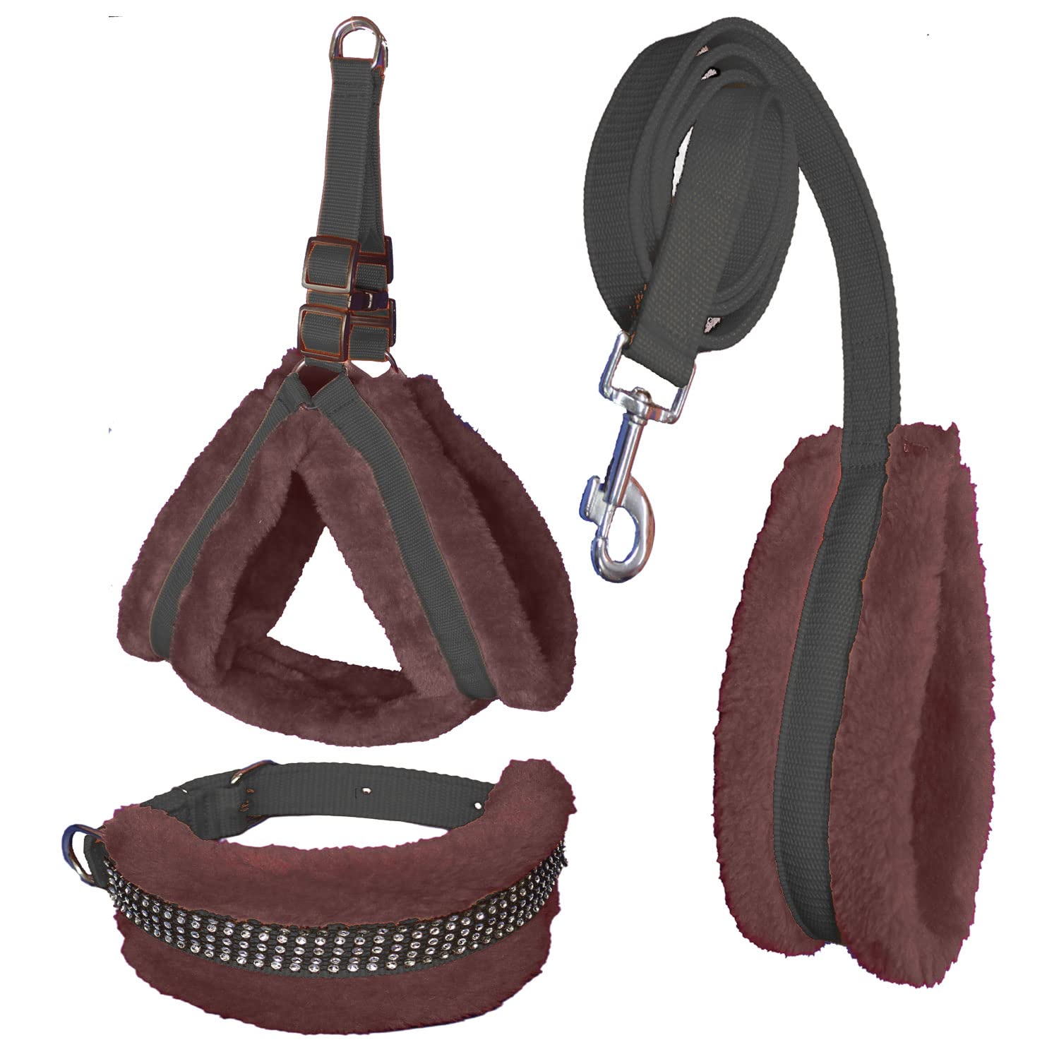 Dog Fur Harness, Collar & Leash Combo Set, Adjustable Size | for 14-23 Kilogram Dogs (M, Black-Brown)