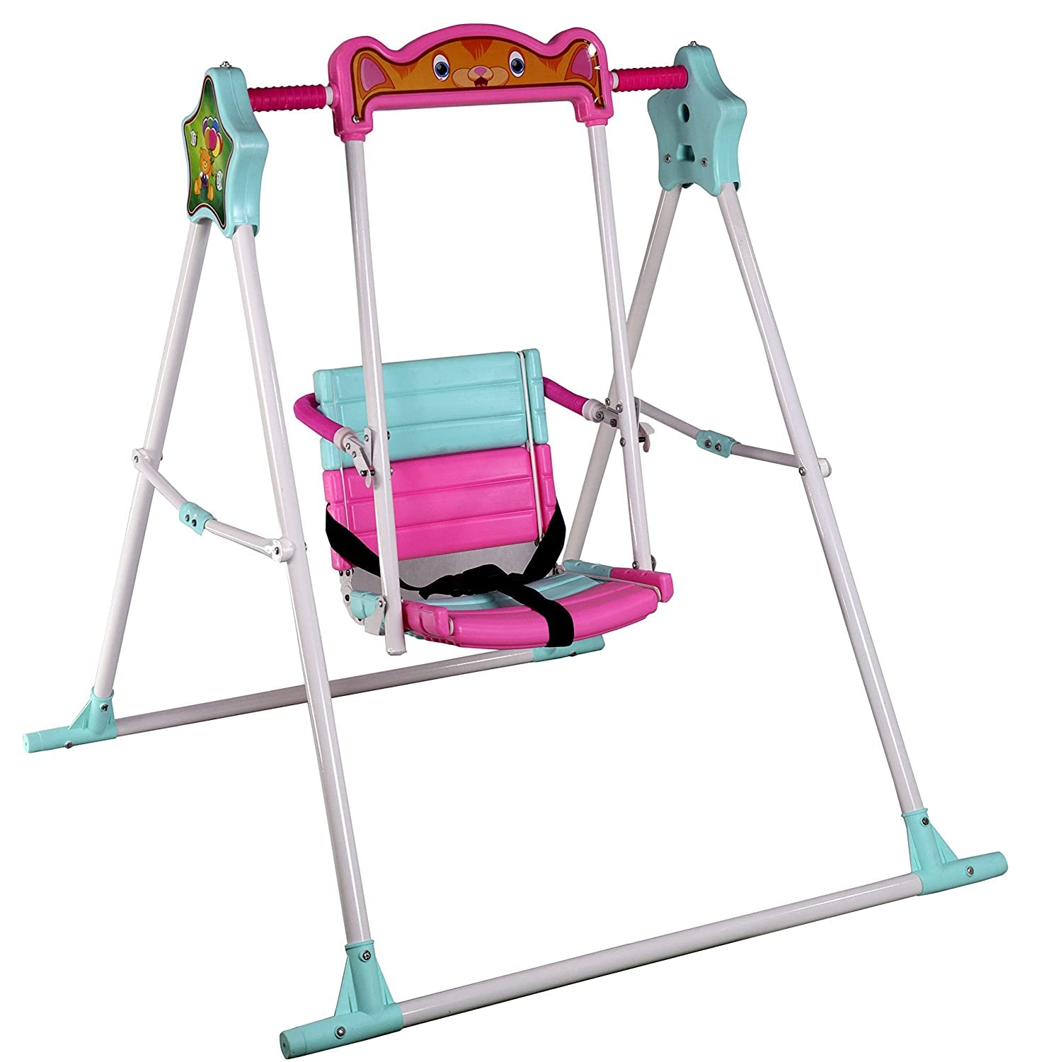 BabyGo Kids Swing for 1–5 Years | Heavy-Duty Metal Frame Baby Swing Seat with Safety Belt | Indoor & Outdoor Foldable Toddler Swing | 30kg Capacity | Easy DIY Installation – Blue & Pink 1