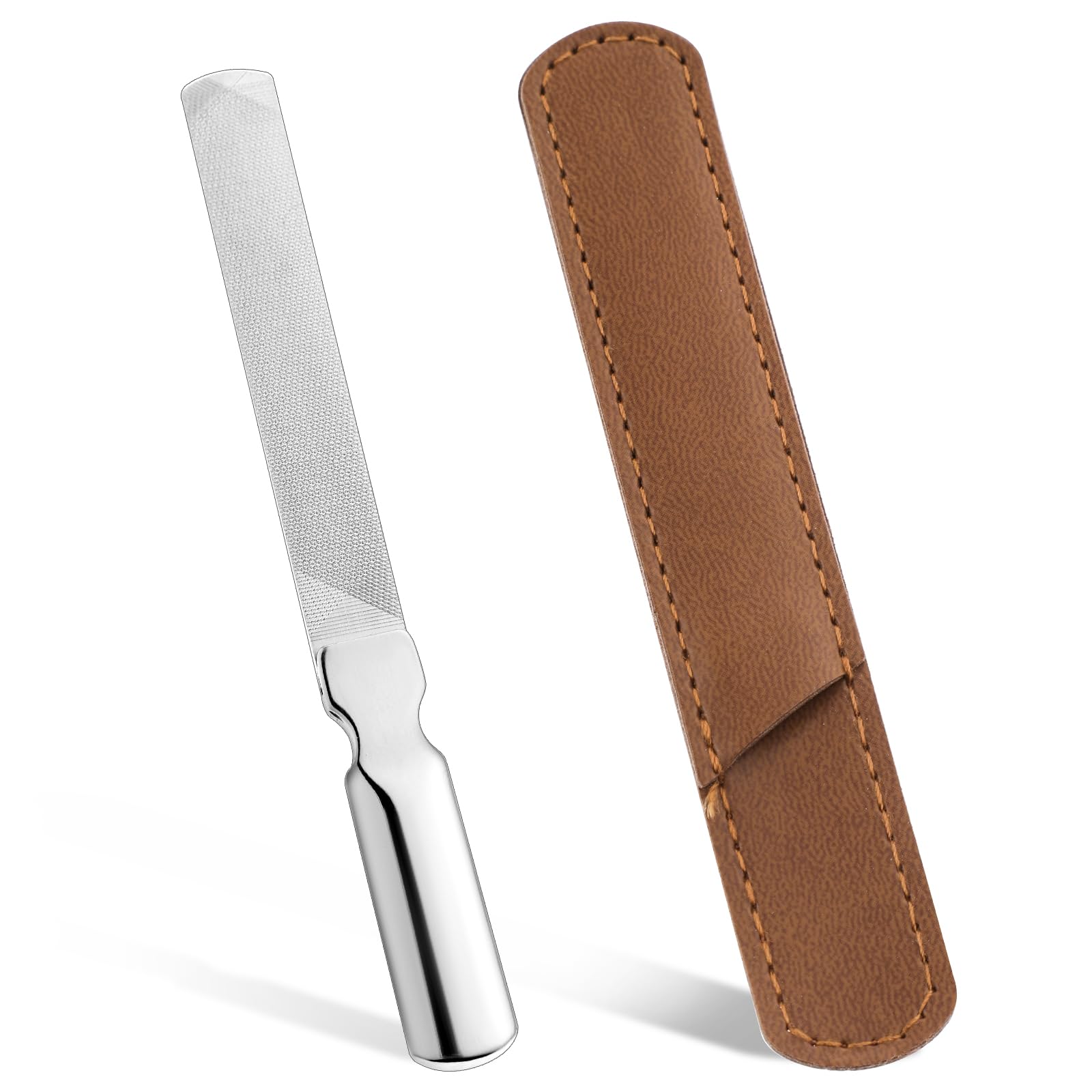 Dimeho Lima de uñas de metal de acero inoxidable de doble cara con mango antideslizante y funda de cuero, lima de manicura reutilizable resistente para uñas naturales, uso doméstico o de viaje