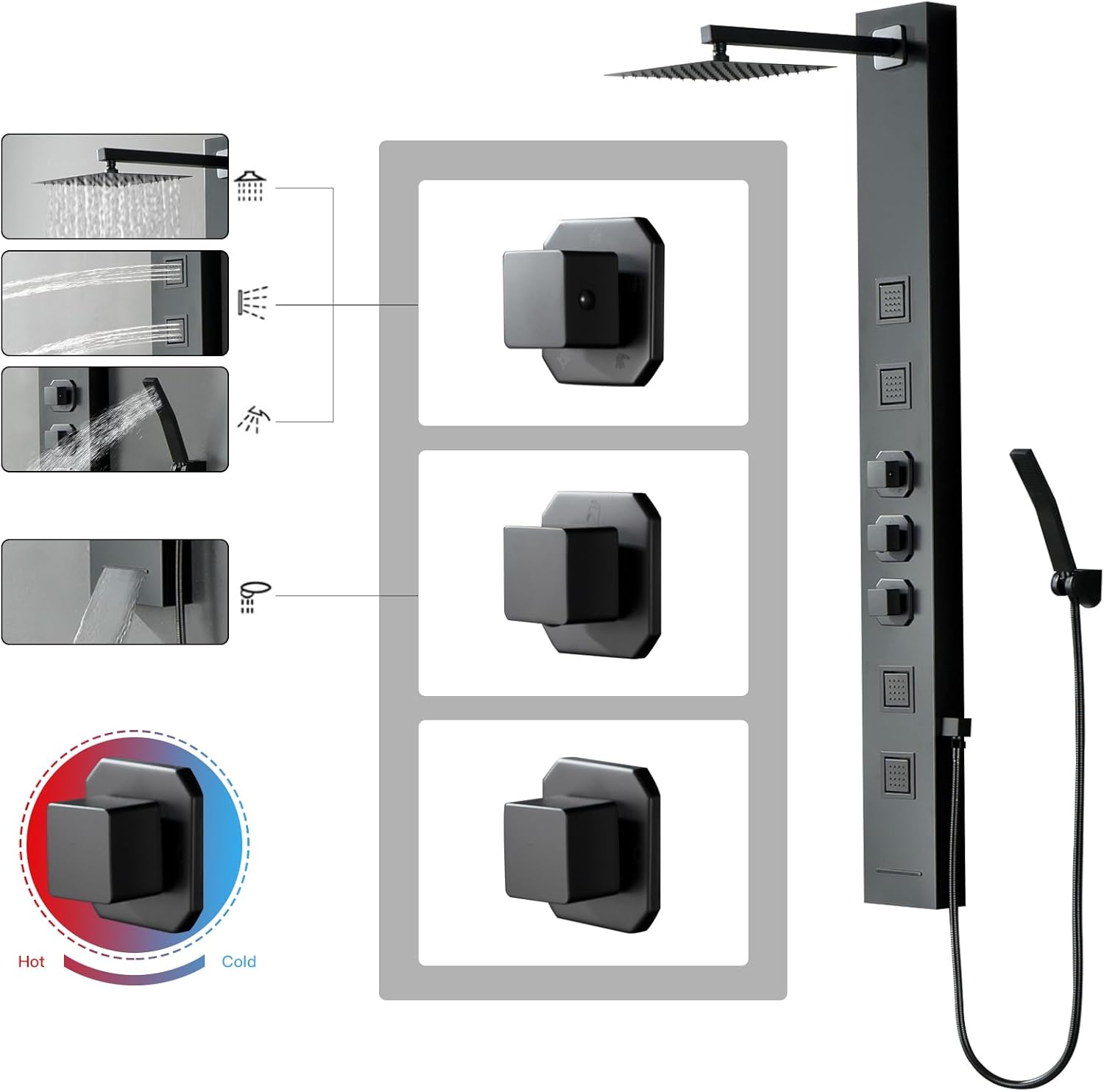 Homevacious Shower Panel Tower System,Stainless Steel Bathroom Stand Up Shower Kit,Wall-Mount Shower Panels with Rainfall Shower Head,4 Massage Body Jets,Tub Spout and Handheld Shower,Matte Black