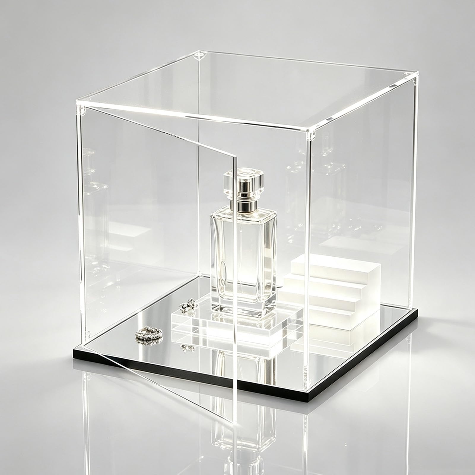 Teca Plexiglass Base a Specchio, Scatola in Acrilico con Sportello, Vetrina | Una Scatola di Vetro Alternativa con Apertura Laterale, Contenitore Trasparente per L'organizzazione Domestica