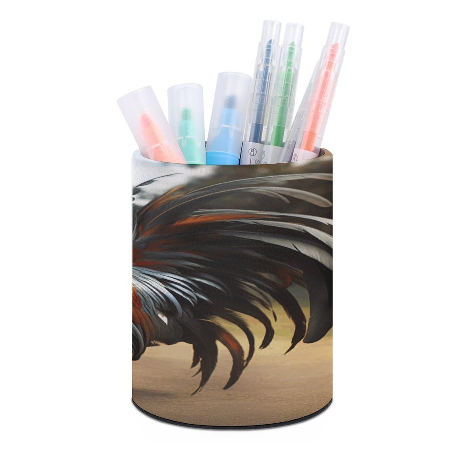 VstaDank Proud Rooster Pen Holder PU Leather Pencil Cup Minimalist Desk Pencil Holder Round Make Up Brush Organizers For Office Dorm Room&Vanity Desk Accessories