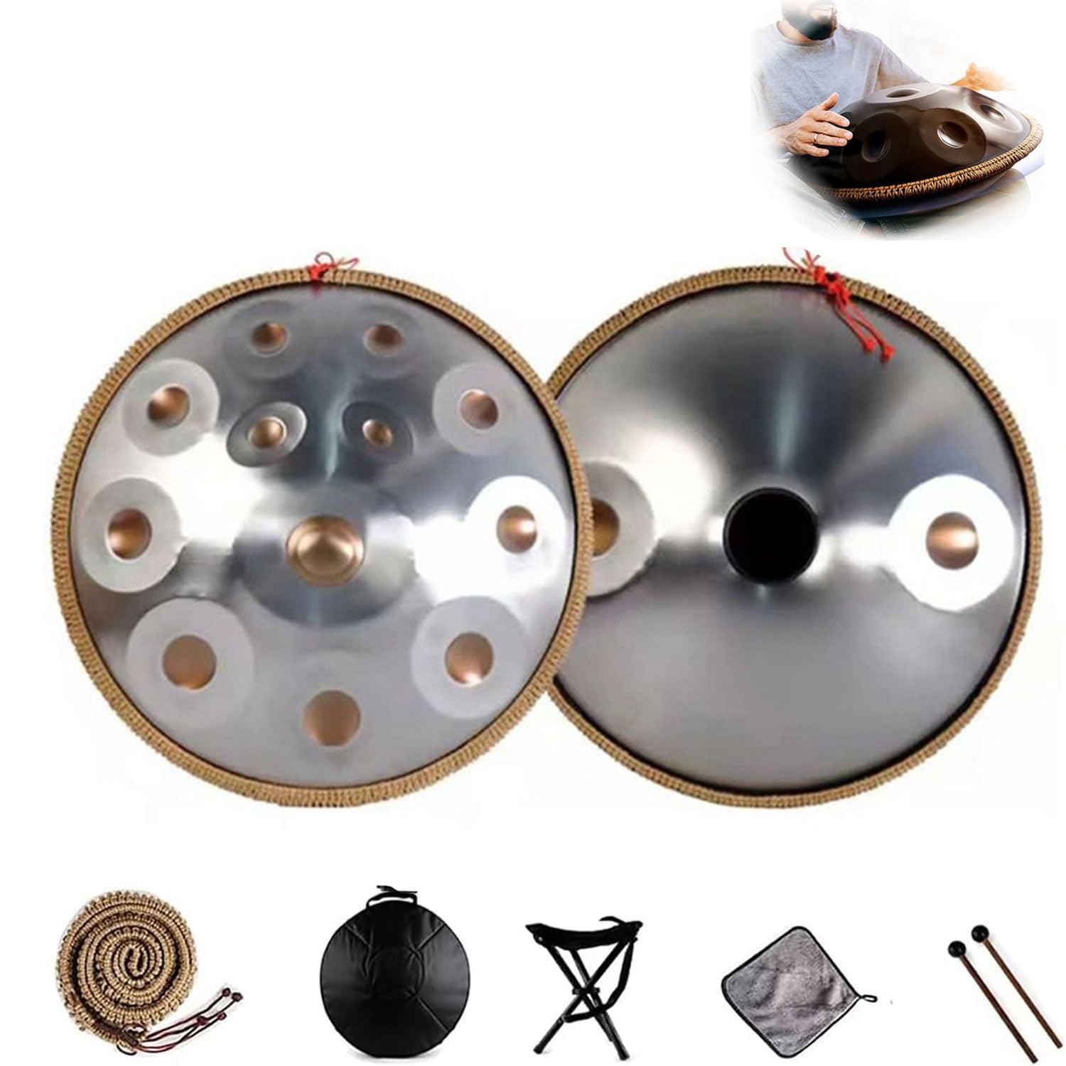 Tamburo a mano a 14 note, strumento a percussione armonica da 55,9 cm, con supporto, custodia, mazze e panno per la guarigione del suono e la meditazione personale