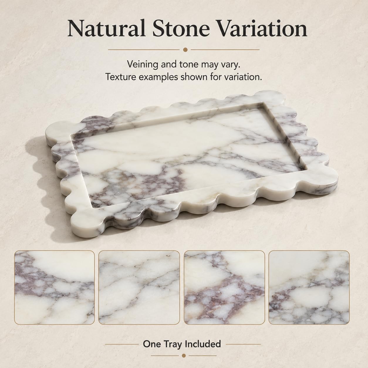 Bandeja de tocador de mármol natural, organizador de borde ondulado, 11.8 x 7.9 pulgadas | Grande de 30 x 20 cm, borde ondulado, mármol natural pulido, para joyas de perfume, solo 1 pieza