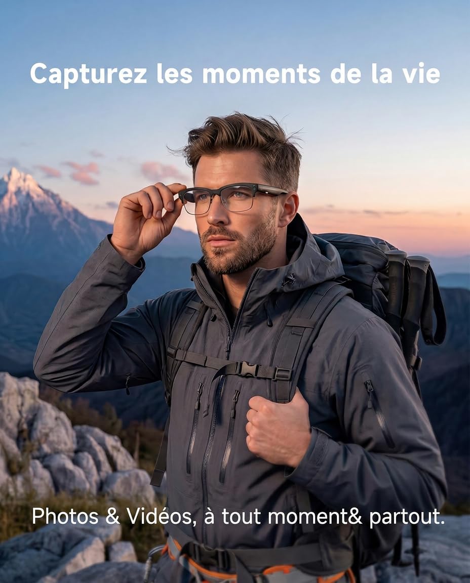 TOOBUR Lunettes connectées AI avec Appareil Photo 8MP, vidéo HD 1080P Anti-Flou, Traduction en Temps réel & Assistant Vocal, appels Bluetooth & Audio à Oreille Ouverte pour vlog, Voyage & réunions