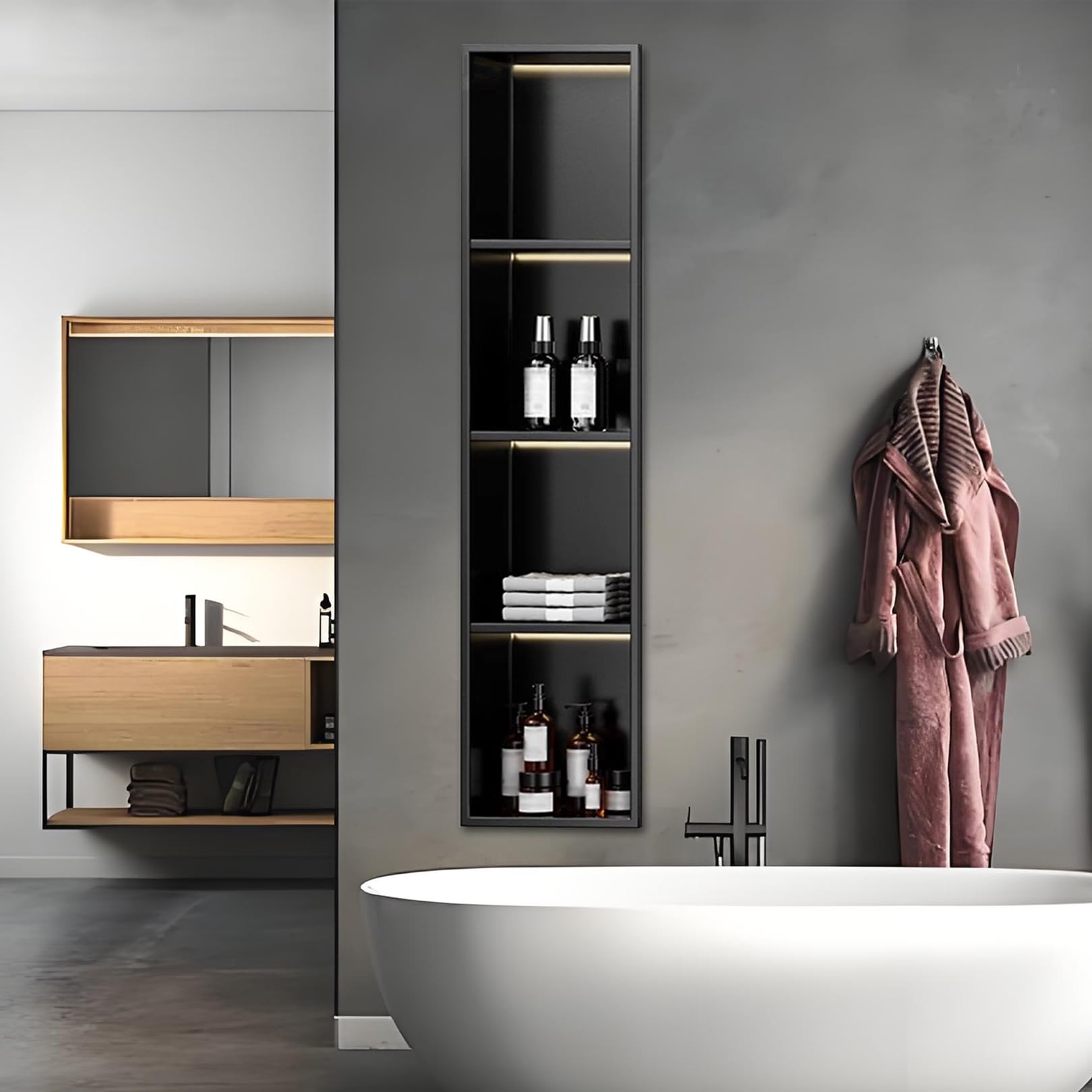 QUSYZD Wall Recess Stainless Steel Shower Niche for Living Room, Lounge, Bathroom, No Tiles Required, Bathroom Storage Niche, Matte Black,with Light,120x28cm,With Light-120x28cm