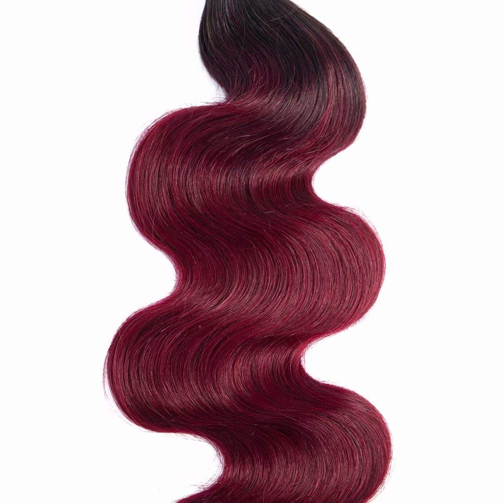 FEEL ME Ombre Brazilian Hair Body Wave 3 Bundles Grade 8a Mink Ombre Human Hair Wavy Weave 1b/99j Ombre 2 Tone Black to Burgundy Red 100% Unprocessed Human Hair Extension(16 18 20)