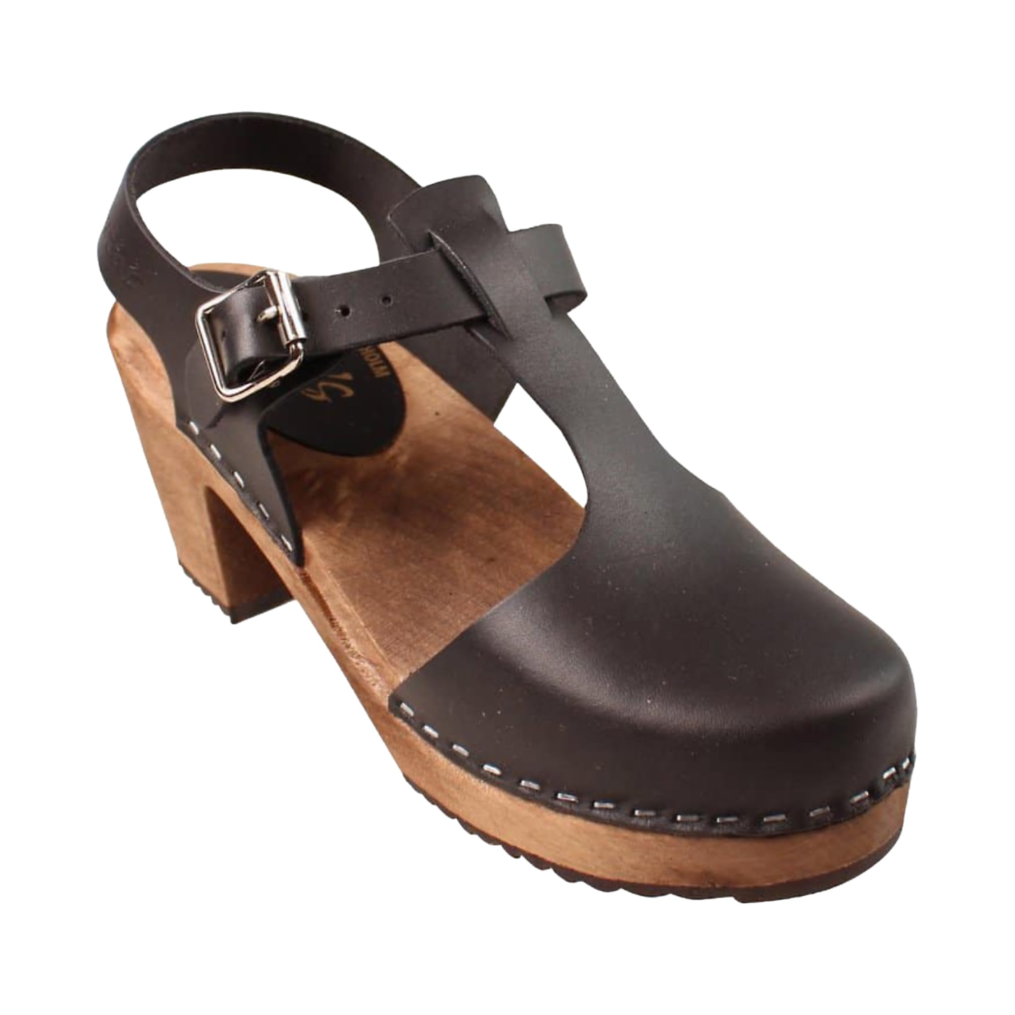 Lotta From Stockholm Swedish Highwood T-Bar Sandal Clogs for Women | Mary Jane Syle High Heel Platform Clogs Handmade in Sweden | Real Leather on Brown Alder Wood Base | Black