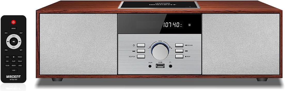 Mini Compo Set Combo CD Player, Vintage Style HiFi Stereo System with Retro, Bluetooth, FM Stereo, USB, MP3 Playback, AUX Input, Headphone Jack, Compact ONEBODY System for Home WTB-797