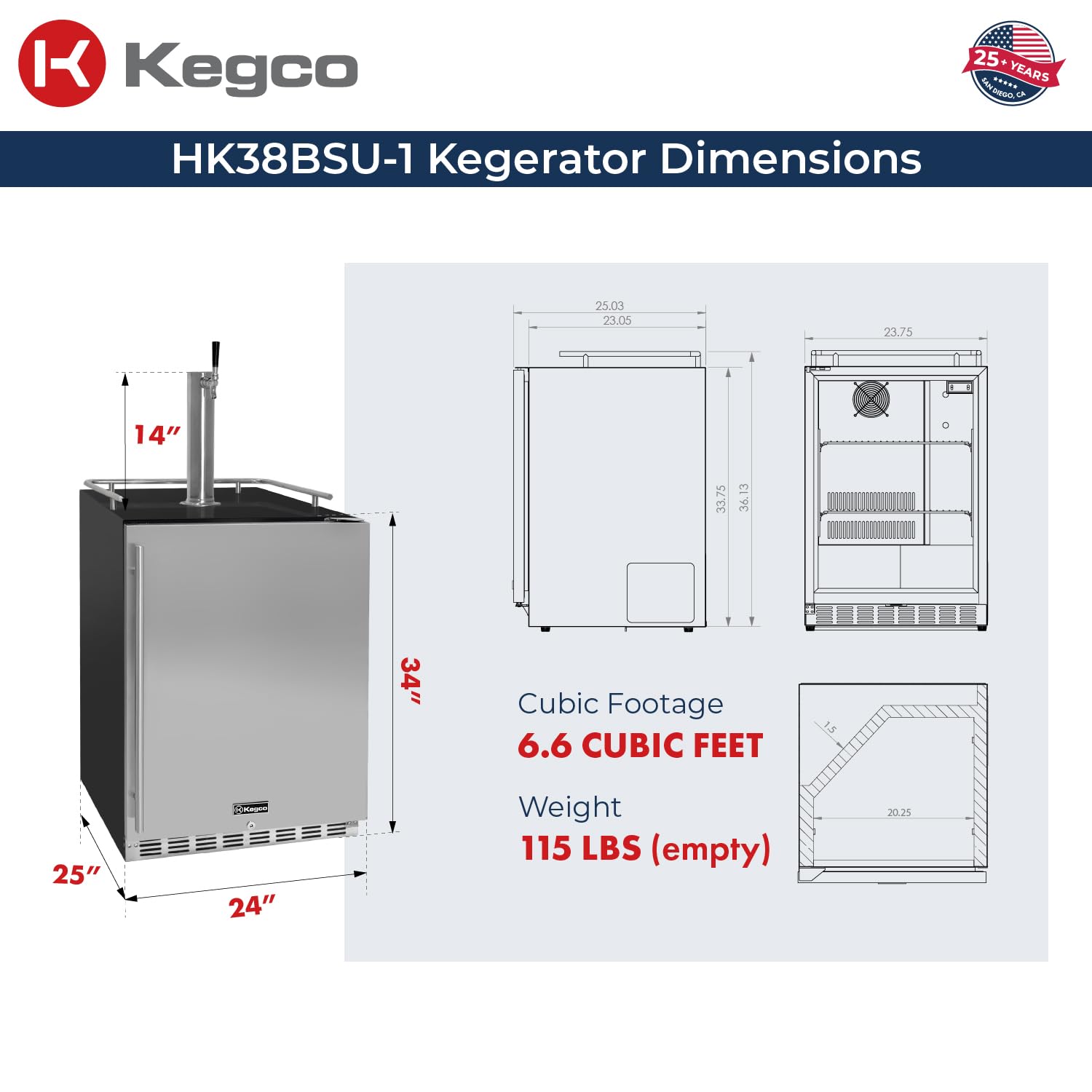 Kegco Kegerator 24" Wide Single Tap Black/Stainless Steel Undercounter Beer Dispenser HK38BSU-1 on Fridge.com