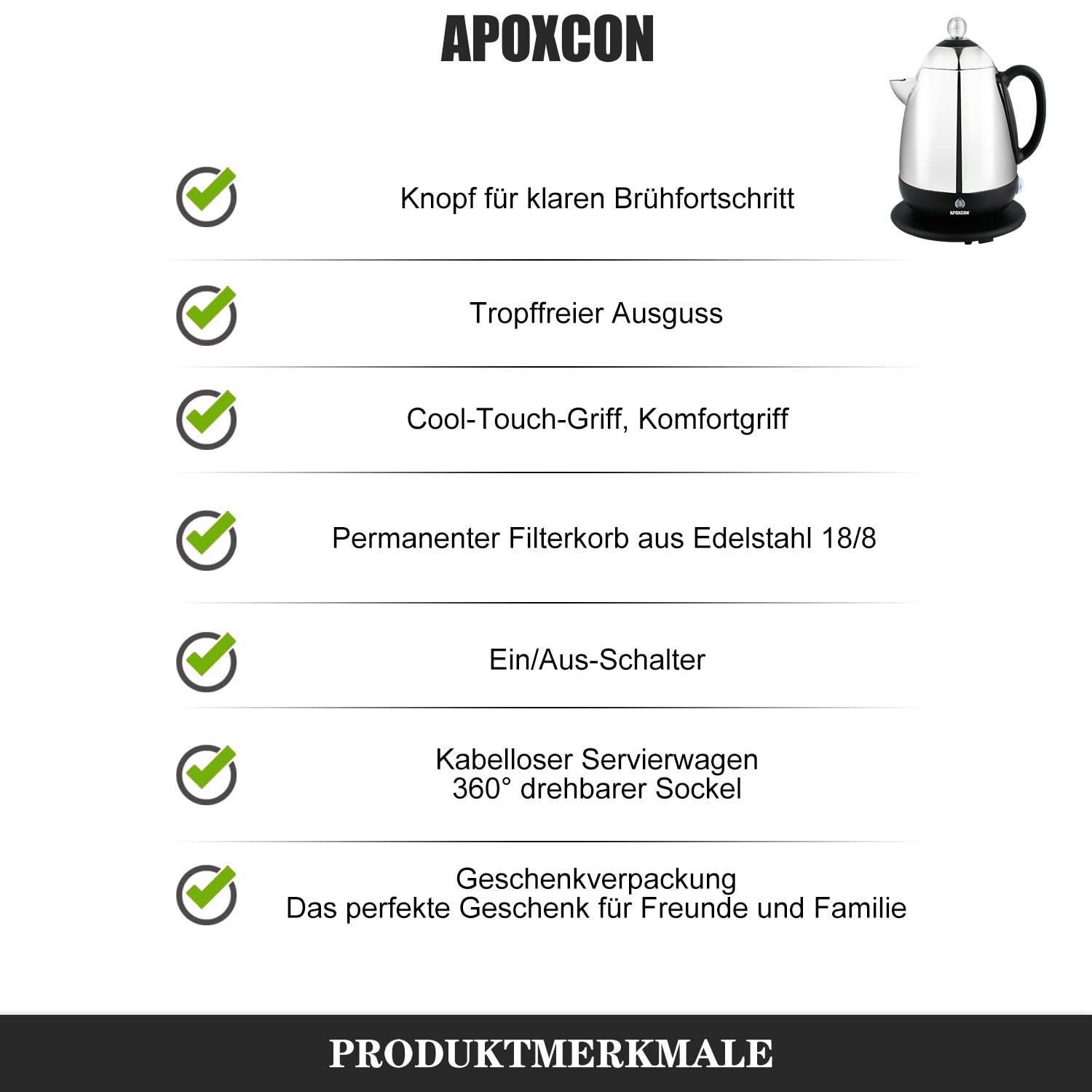 APOXCON Percolateur électrique en acier inoxydable - Fonction maintien au chaud, bec verseur anti-gouttes et interrupteur (10 tasses)