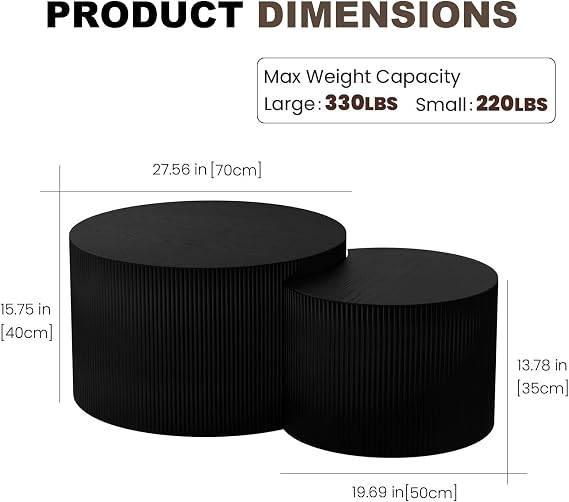 Round Fluted Nesting Coffee Table Set of 2 for Living Room Small Spaces | Circle Wooden Drum Nesting Tables, No Assembly, Modern Side Table Accent End Table for Bedroom Office, Black Crescent