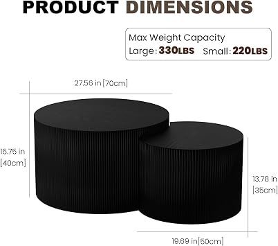 Round Fluted Nesting Coffee Table Set of 2 for Living Room Small Spaces | Circle Wooden Drum Nesting Tables, No Assembly, Modern Side Table Accent End Table for Bedroom Office, Black Crescent