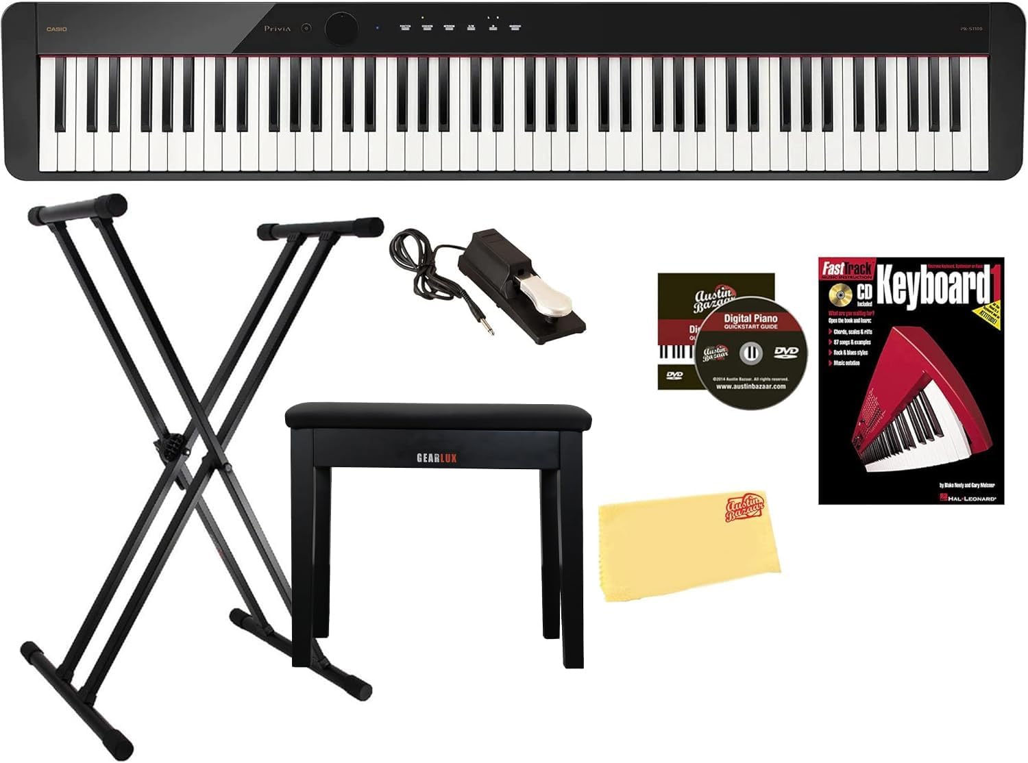 Casio PX-S1100 Privia Digital Piano - Black Bundle with Adjustable Stand, Bench, Sustain Pedal, Instructional Book, Online Lessons, Instructional DVD, and Austin Bazaar Polishing Cloth
