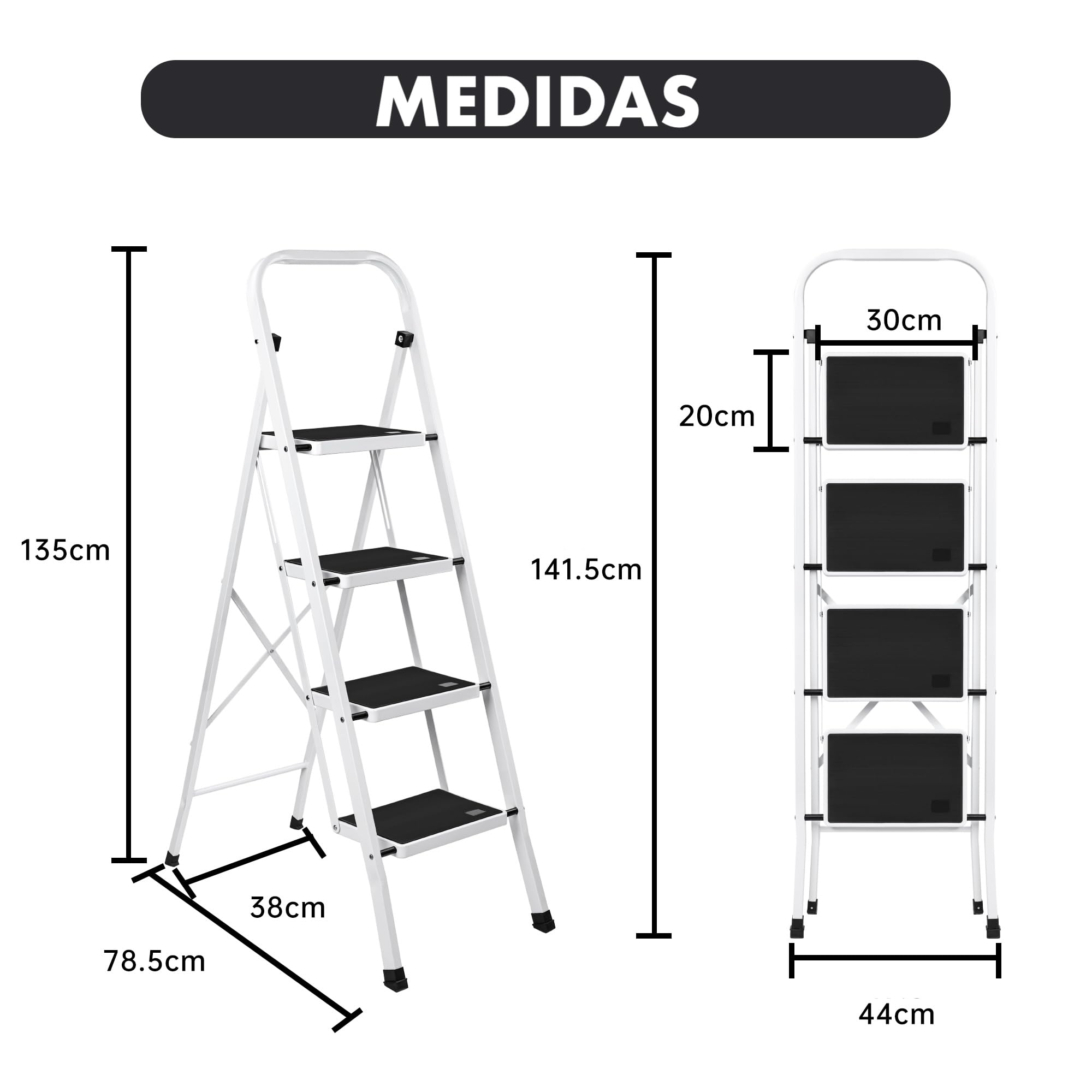 Escalera Plegable de 4 peldaños con Estructura de Acero | Taburete Multifuncional con Superficie Antideslizante y Base Estable | Ligera, portátil y Segura para hogar, Oficina y tareas domésticas