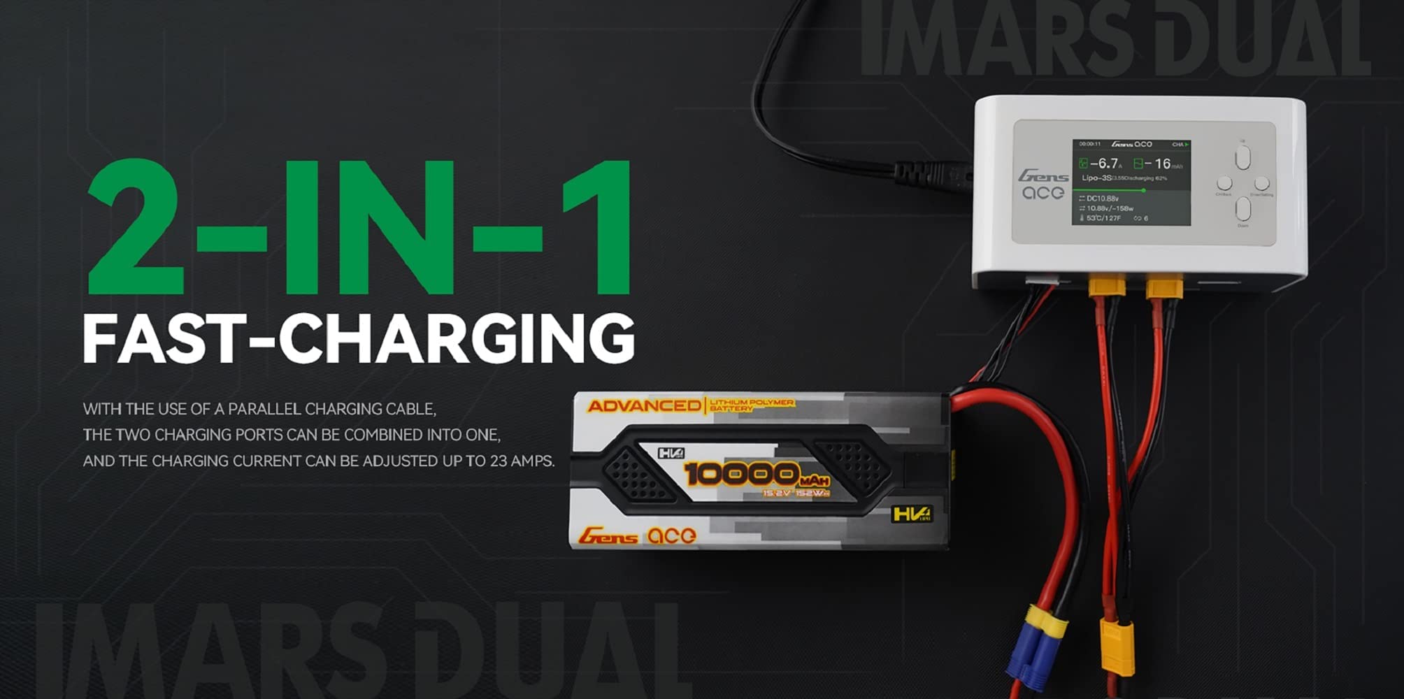 Gens Ace Caricabatteria Imars Dual Channel AC/DC,15A Charge Rate,100V-240V Voltage,per Ricaricare la batteria dell'auto FPV Drone RC (Nero)