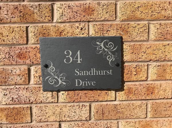 One of a Kind Design UK Personalised Slate House Sign, House Number Plaque, Personalised Address Number Plate, Engraved, Gate sign, 300x200mm, UV Stable, Weather Resistant - Slate