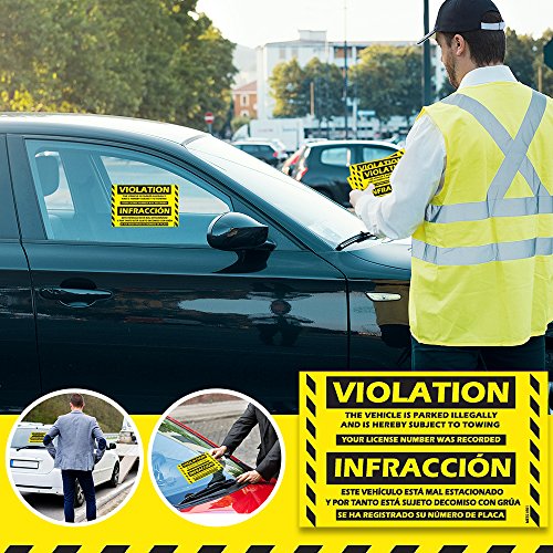 Parking Violation Stickers for Cars (Fluorescent Yellow) - 50 Bilingual Spanish No Parking Prohibido Estacionar/Hard to Remove Super Sticky No Park Tow Warnings 8” x 5” by MESS