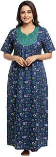 Women's Cotton Nighty, Blue Warli Print, Short Sleeve, Maxi Length, Embroidered Neckline Price In India