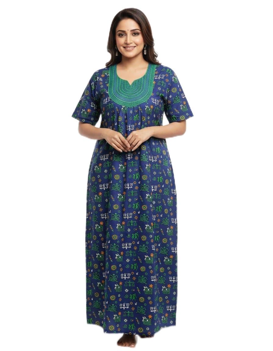 Women's Cotton Nighty, Blue Warli Print, Short Sleeve, Maxi Length, Embroidered Neckline - Review, Price and Buying Guide