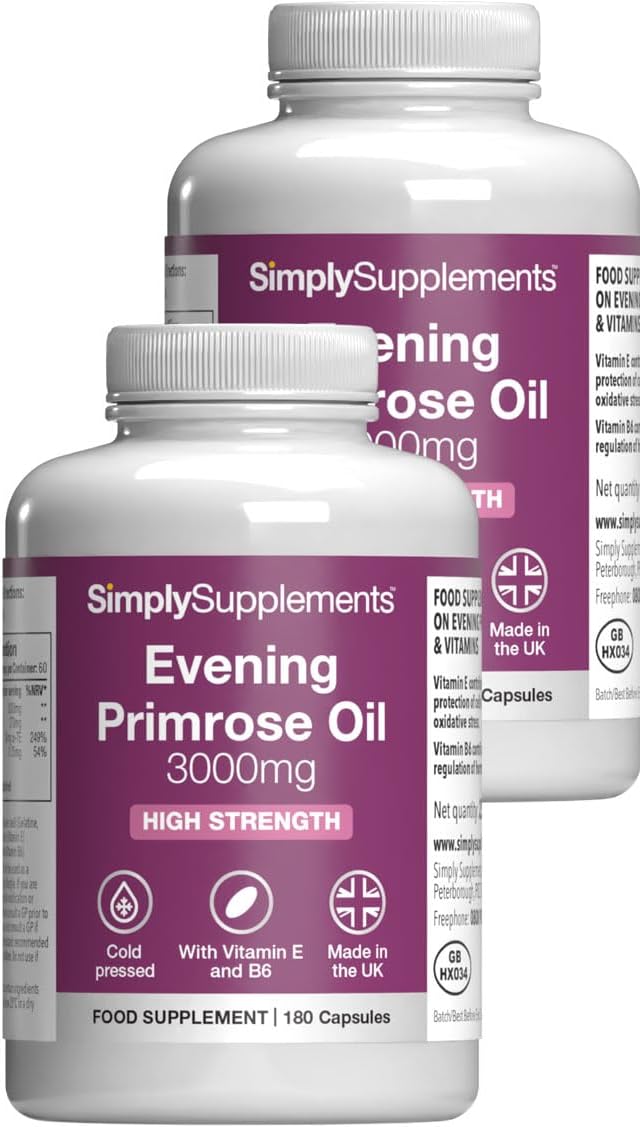 Evening Primrose Oil 3000mg Capsules | Supports Hormonal Balance & Healthy Skin | with Added Vitamins B6 & E | 360 Softgels Capsules = 4 Months’ Supply | GMP-Certified & UK-Made