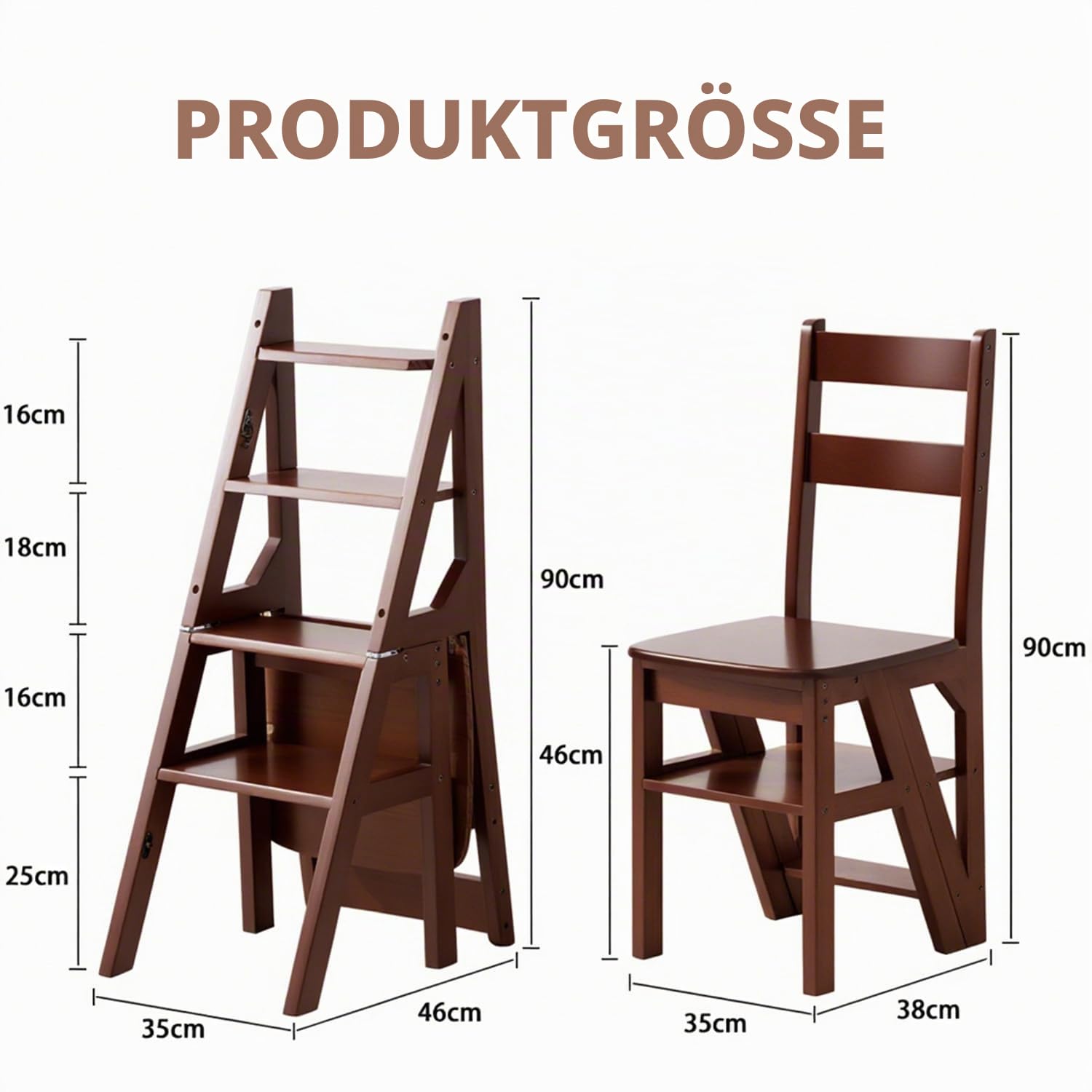 Massivholz 3-in-1 Klappleiter-Stuhl, umwandelbarer Trittstuhl & Ausstellregal, 4-stufige Multifunktionsleiter, doppelte Verwendung für Zuhause, Küche, Bibliothek (Walnussfarbe, 46)