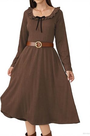 Jayscreate Womens 2025 Knit Ruffle A-line Work Dress Pockets Fall Spring Elasticized Empire Waisted Long Vintage Dress