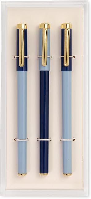 kate spade new york Fine Tip Pen Set of 3, Black Ink Pens with Acrylic Desk Organizer Tray, Navy & Blue Colorblock