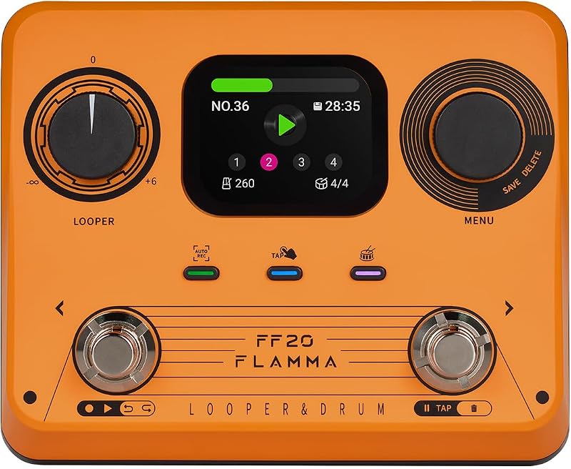 FLAMMA FF20 Looper Pedal Drum Machine, Drum Looper Guitar Pedal with Screen, 300 Min Recording, 220 Drum Grooves, 100 Loop Slots, Time Stretch, Auto Record, USB & Headphone Out, for Guitar and Bass