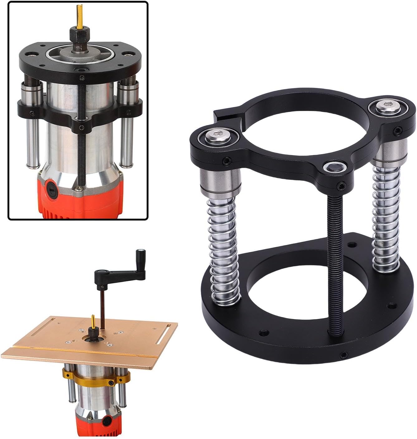 Luocute Router Base for 64mm to 66mm Diameter Machine, Woodworking Router Table Lifting System Base with 2 Jaw Clamping, Hand Crank Lift Tool for Small Trimming Machine Slotting